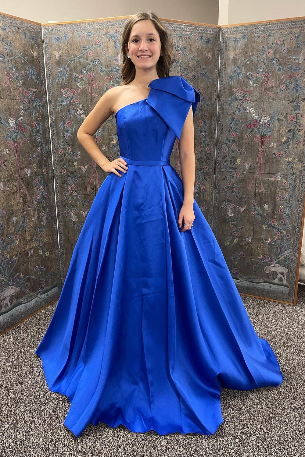 Royal Blue One Shoulder A-Line Prom Dress Featuring a Bowknot