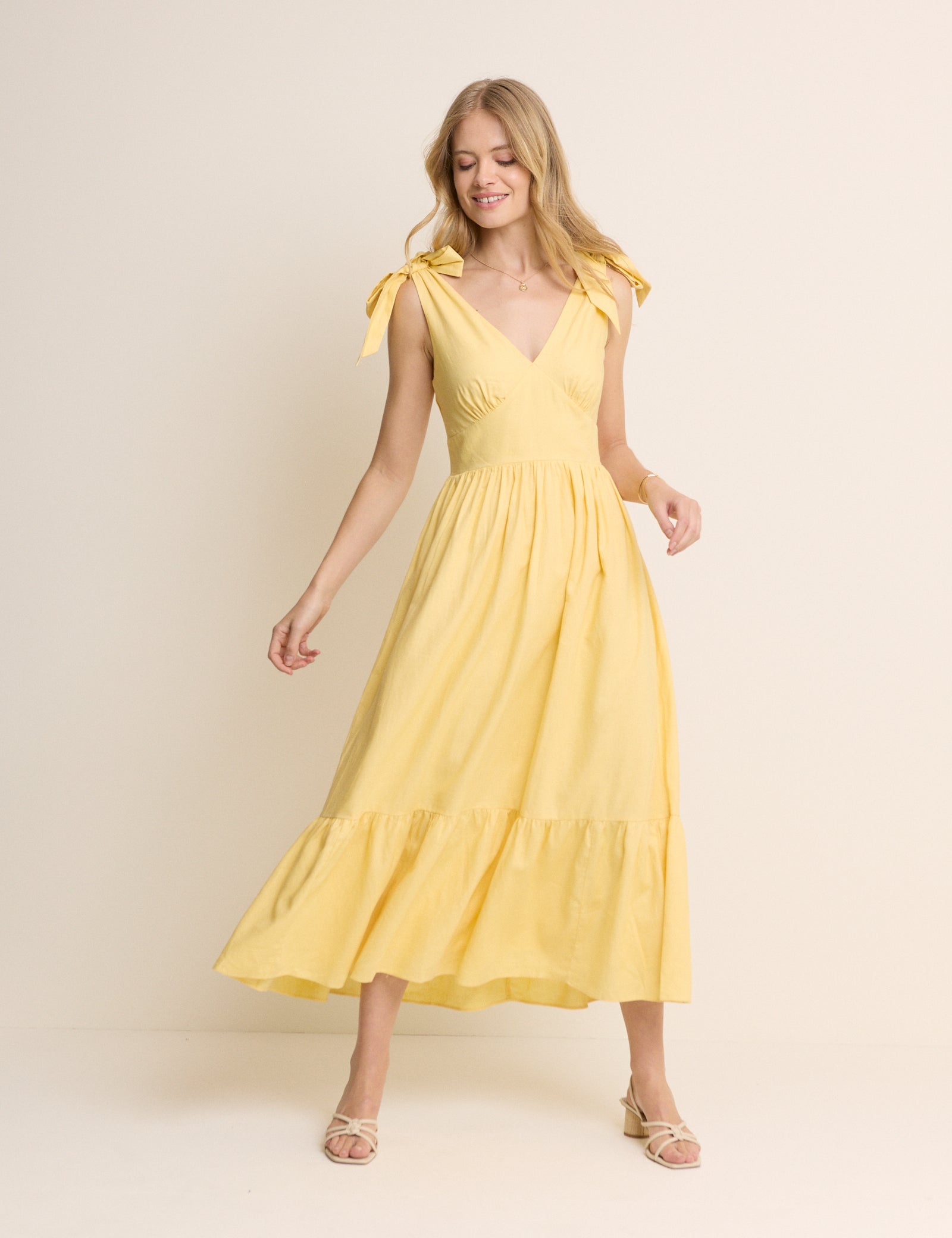 Yellow Tiered Linen-Rich Coen Midi Dress