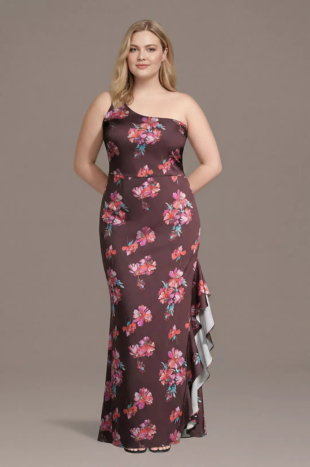 Floral Matte Satin One-Shoulder Sheath with Ruffle