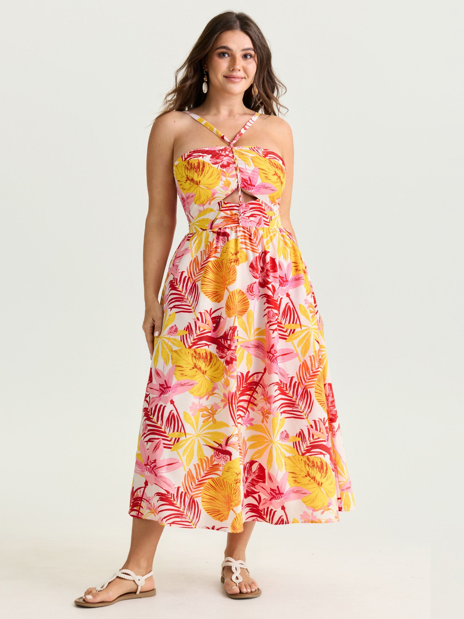 Tropical Floral Print Cut-Out Midi Dress