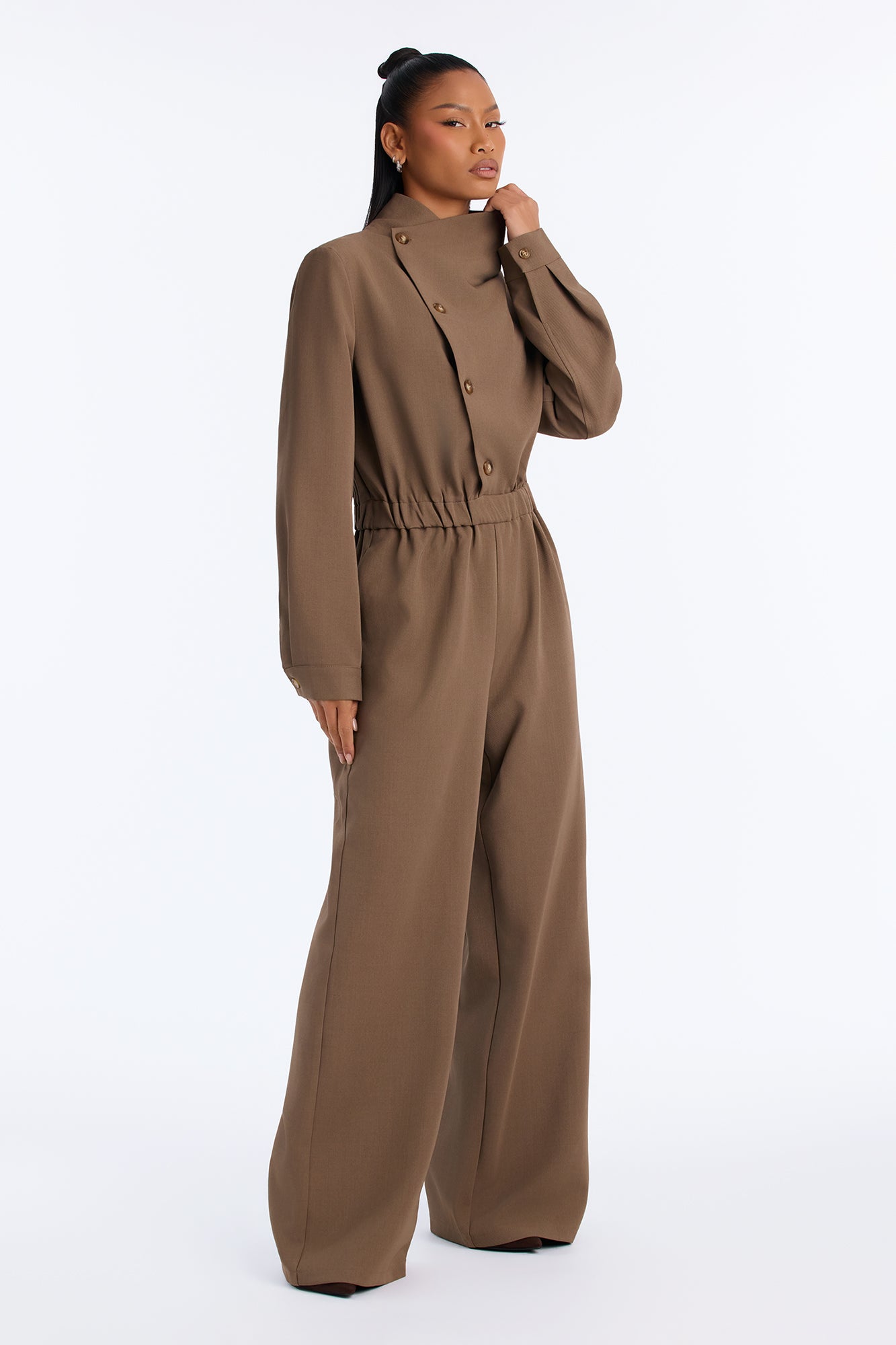 Fall In Line Mock Neck Jumpsuit - Brown