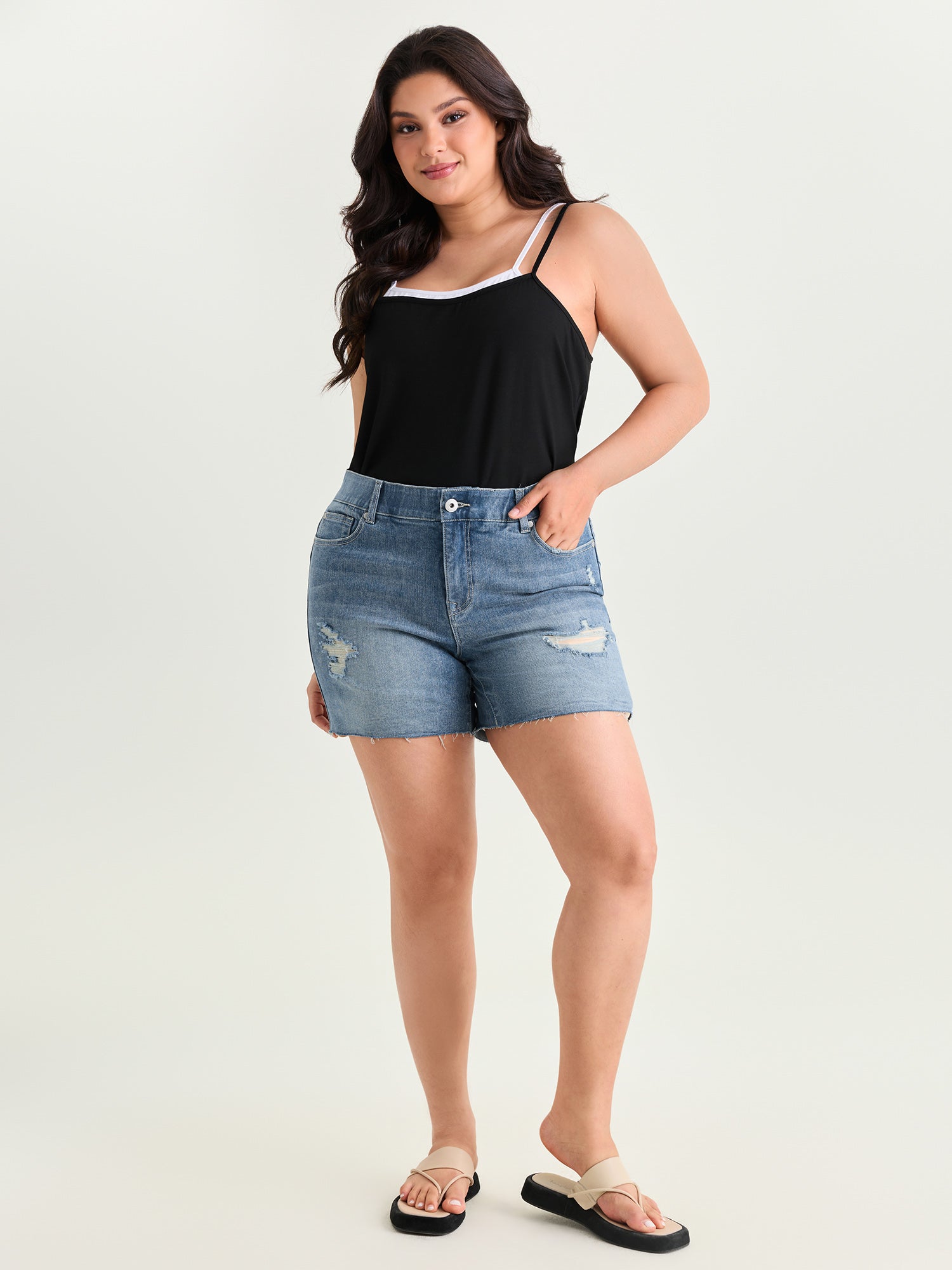 Stretchy Tummy-Control Mesh Denim Shorts