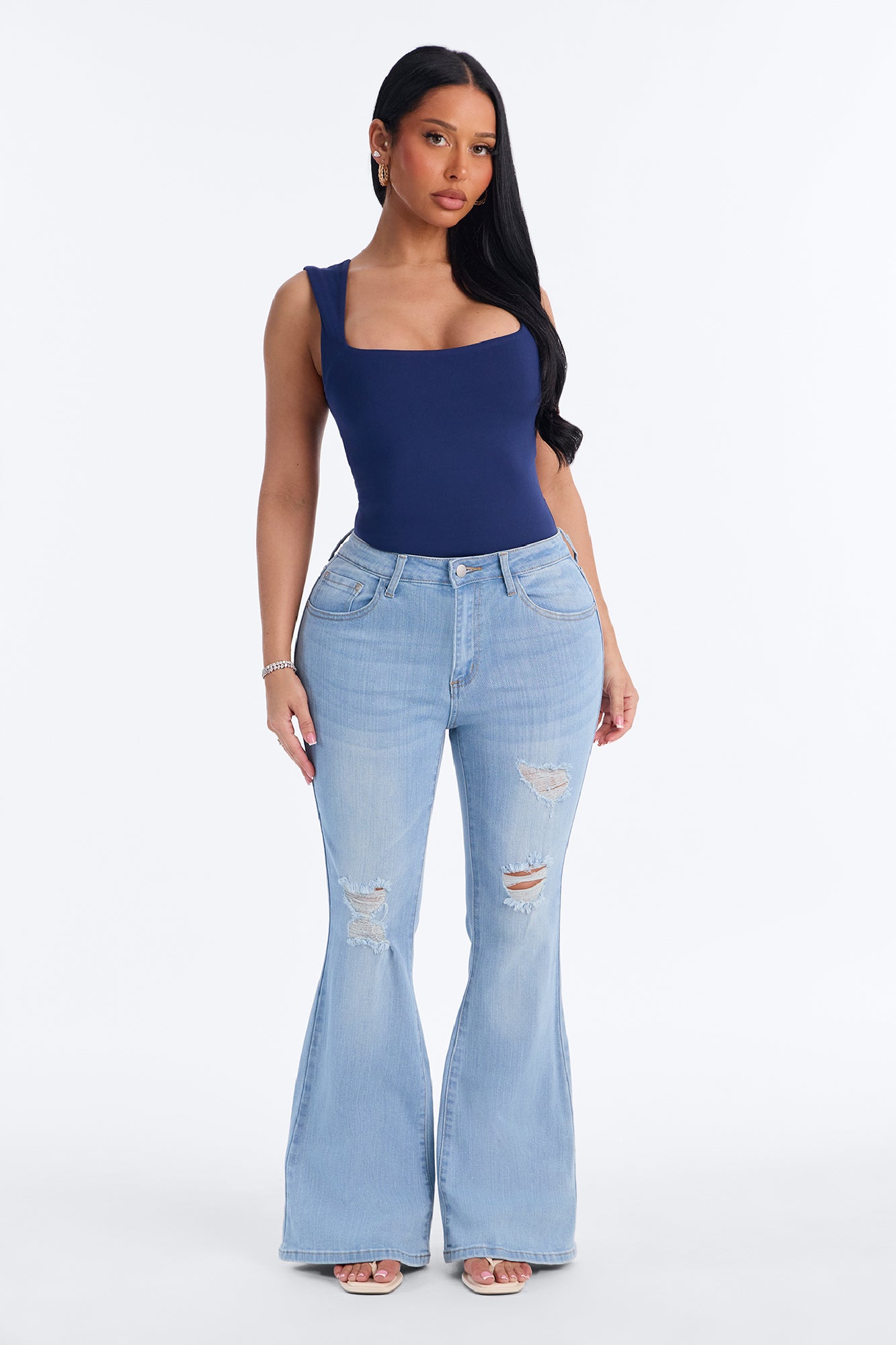 End Of Discussion Mid Rise Stretch Ankle Length Flare Leg Jeans - Light Wash