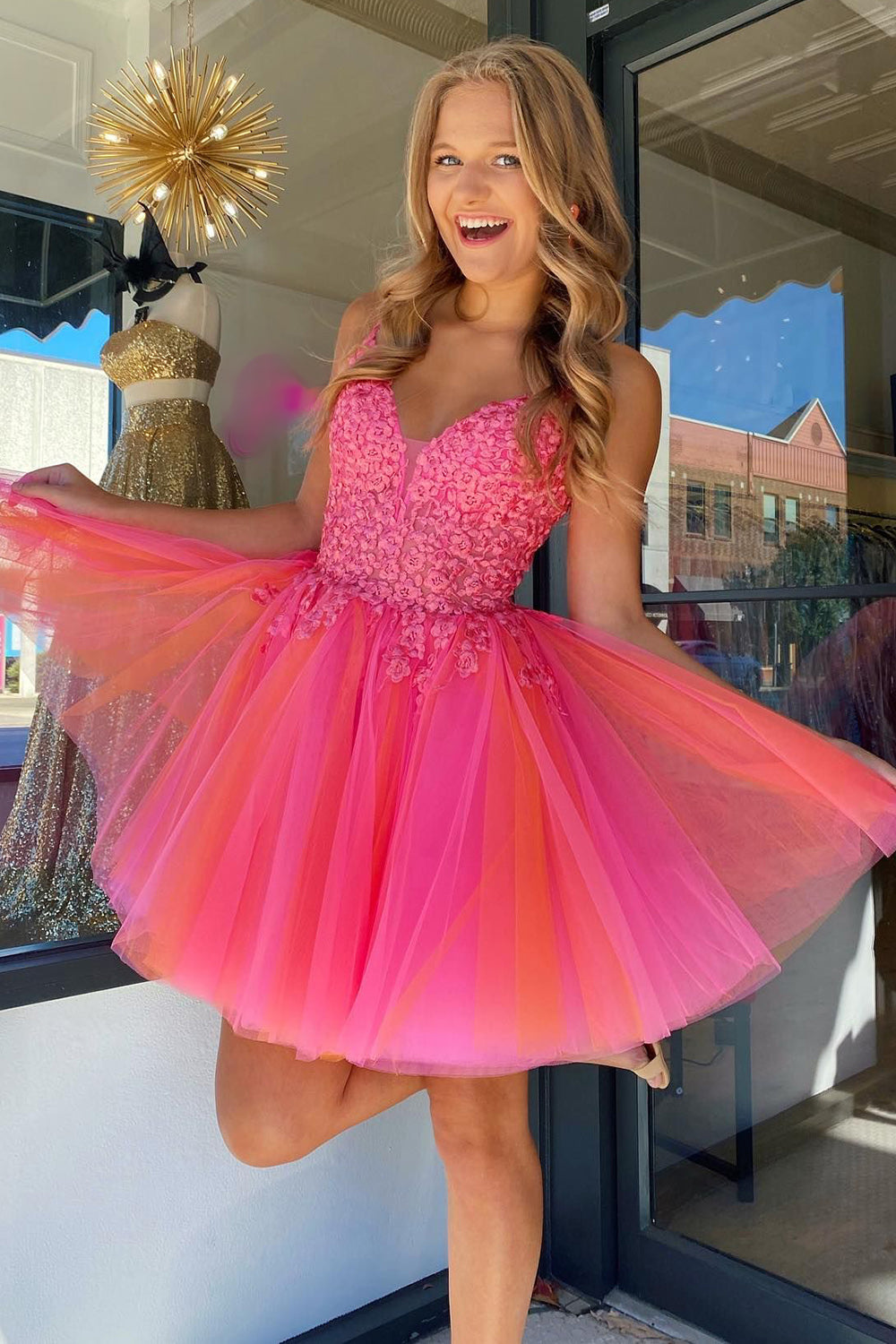 Hot Pink A-Line Tulle Short Homecoming Dress/Mini Dress with Lace