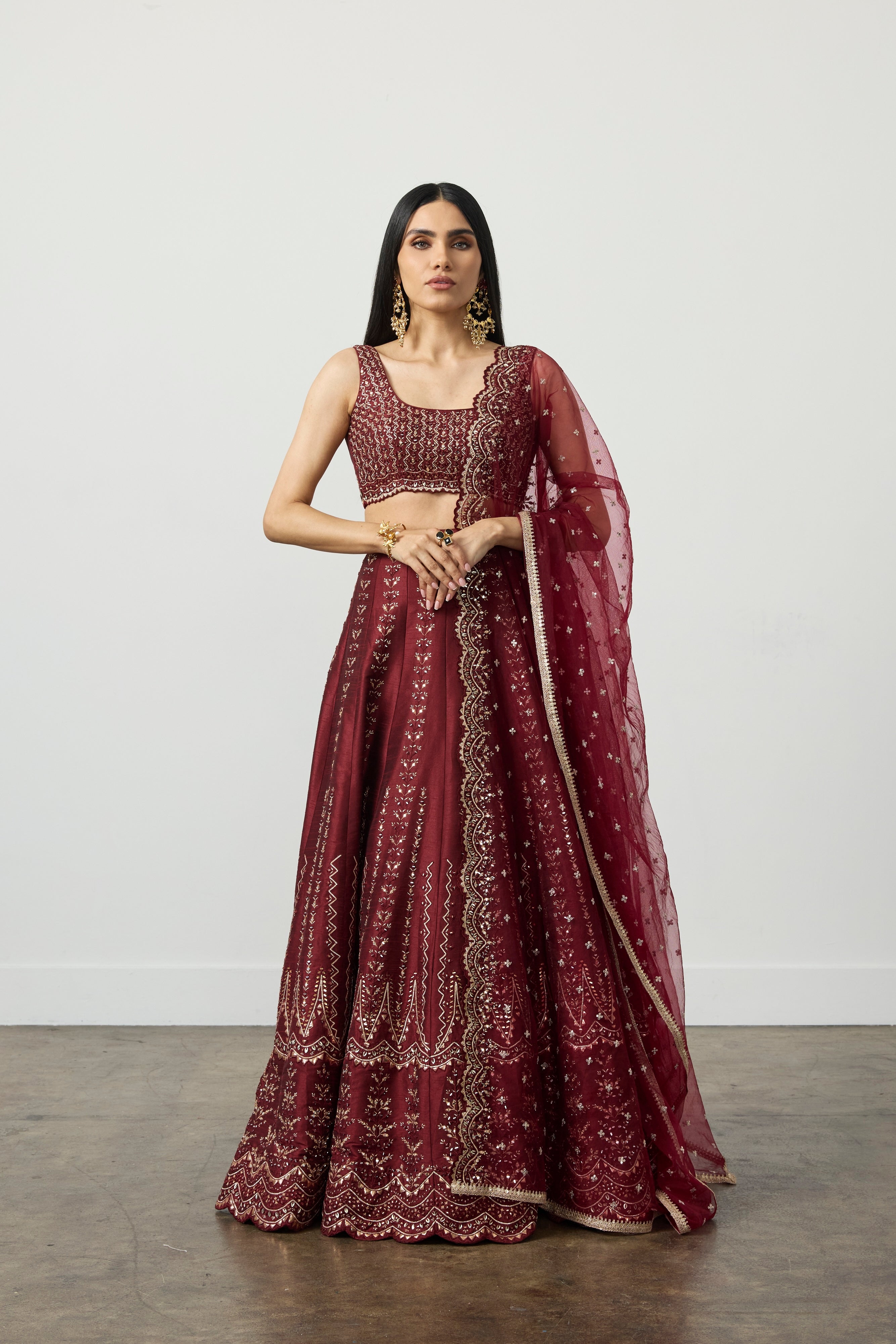 Dark Berry Red and Gold Lehenga Set