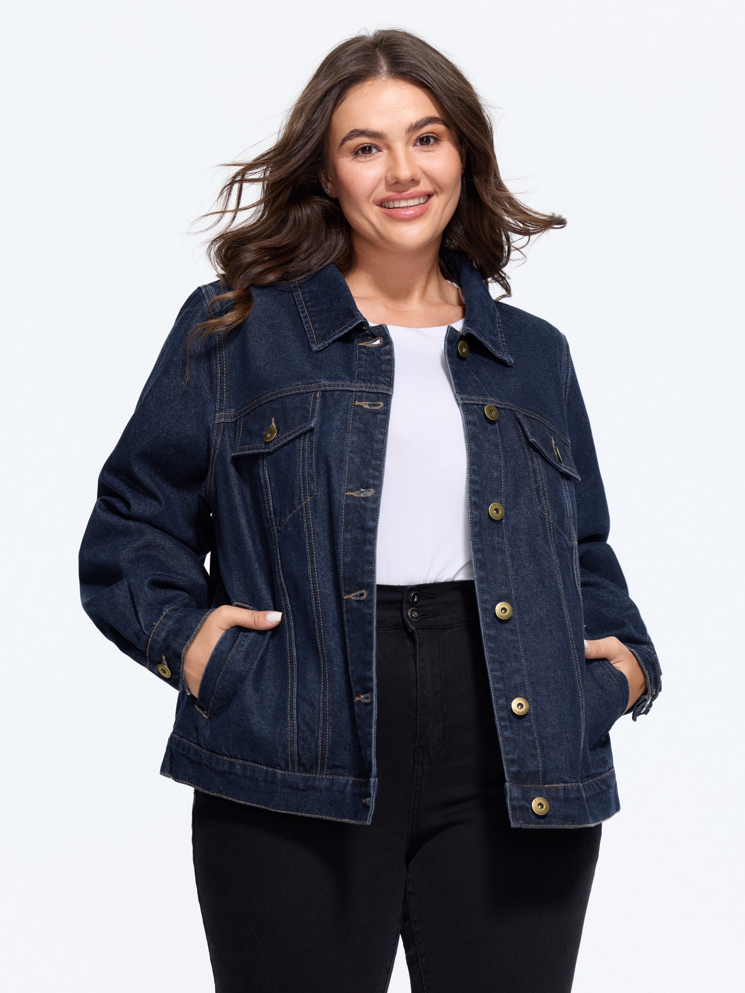 Stretch Classic Lapel Collar Button‑Front Denim Jacket