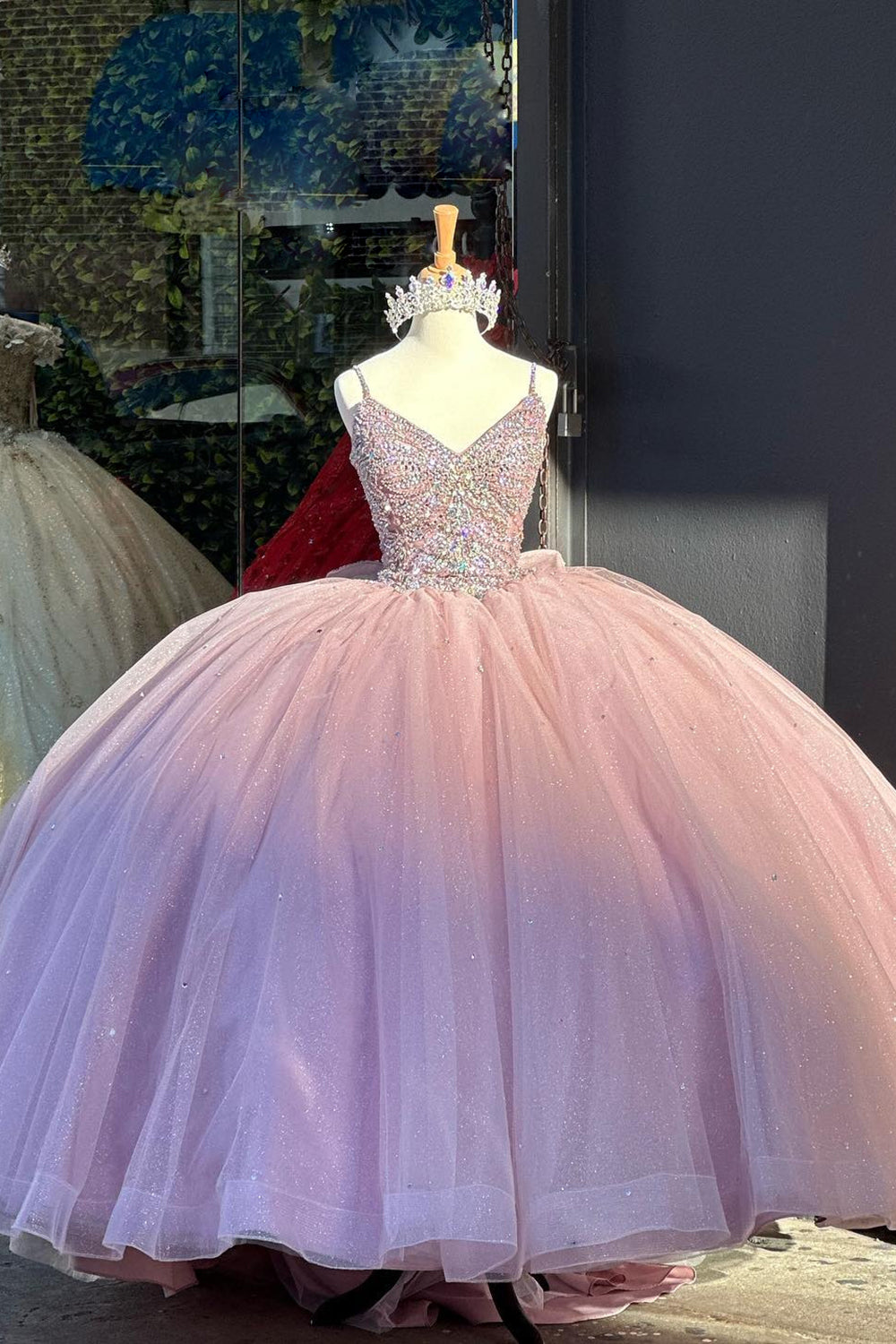 Pink Sparkle Princess Quinceanera Dress with Beaded Tulle Straps and Bow