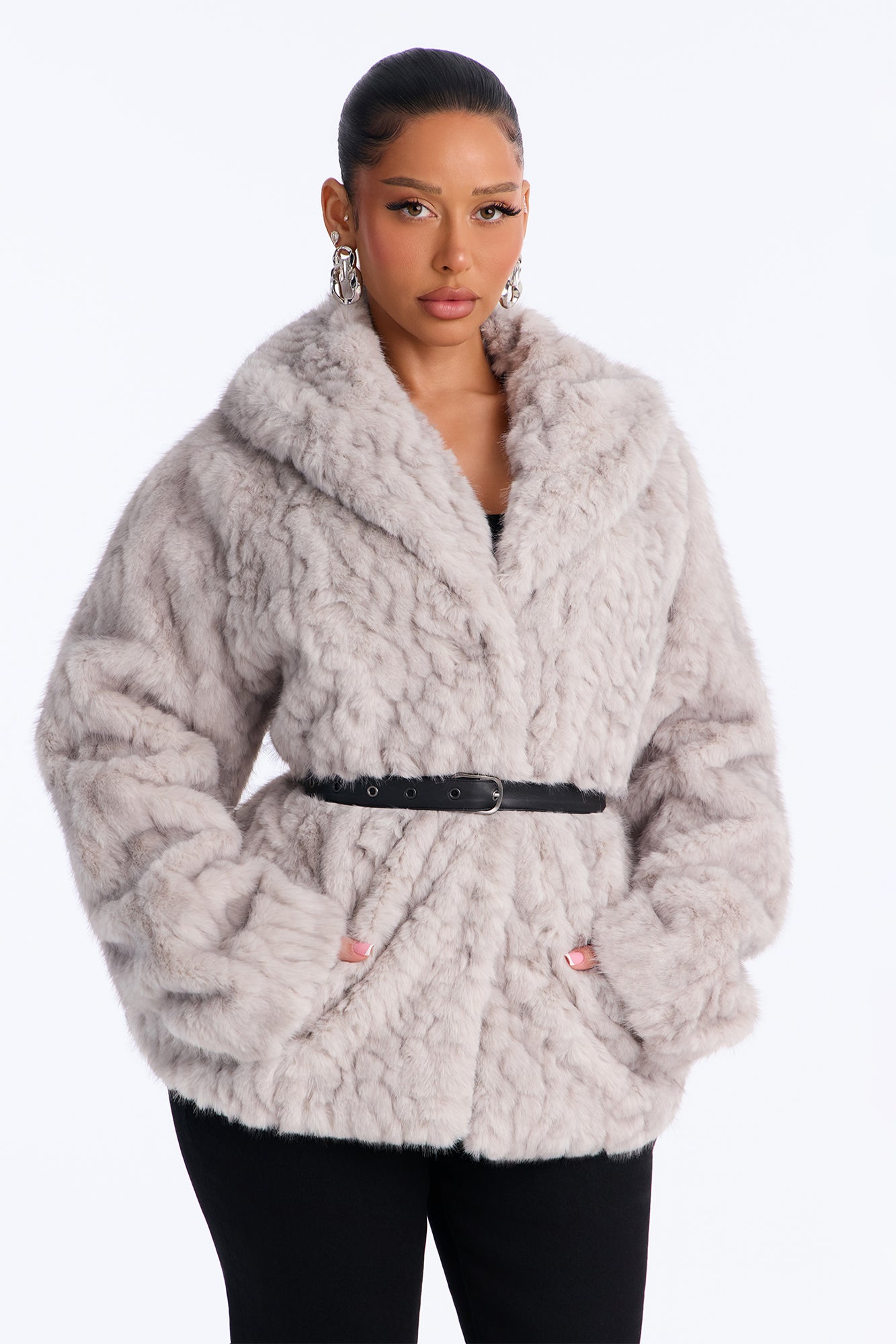 Becca Belted Faux Fur Coat - Heather Grey