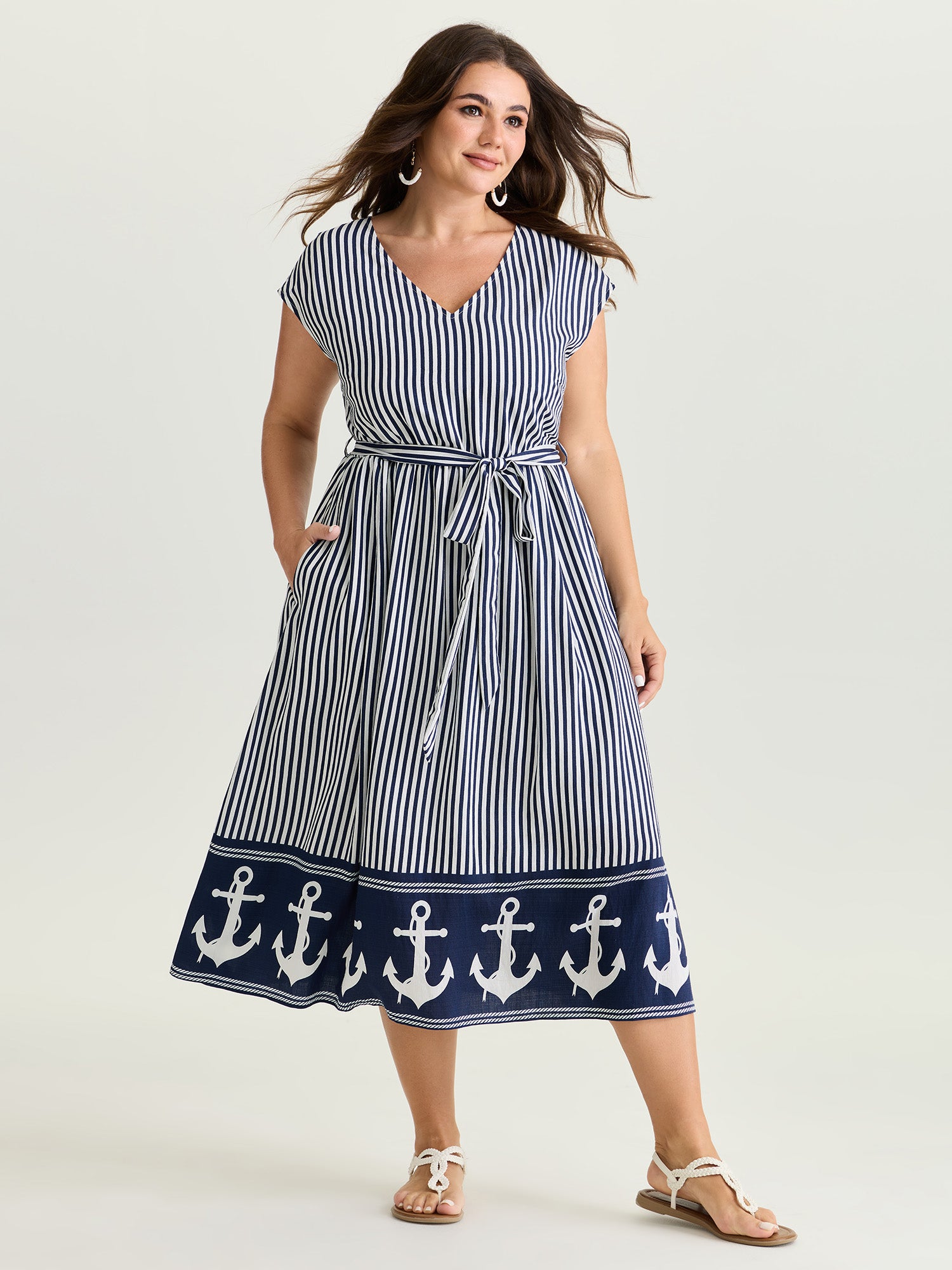Nautical Stripe Waist-Tie Midi Dress