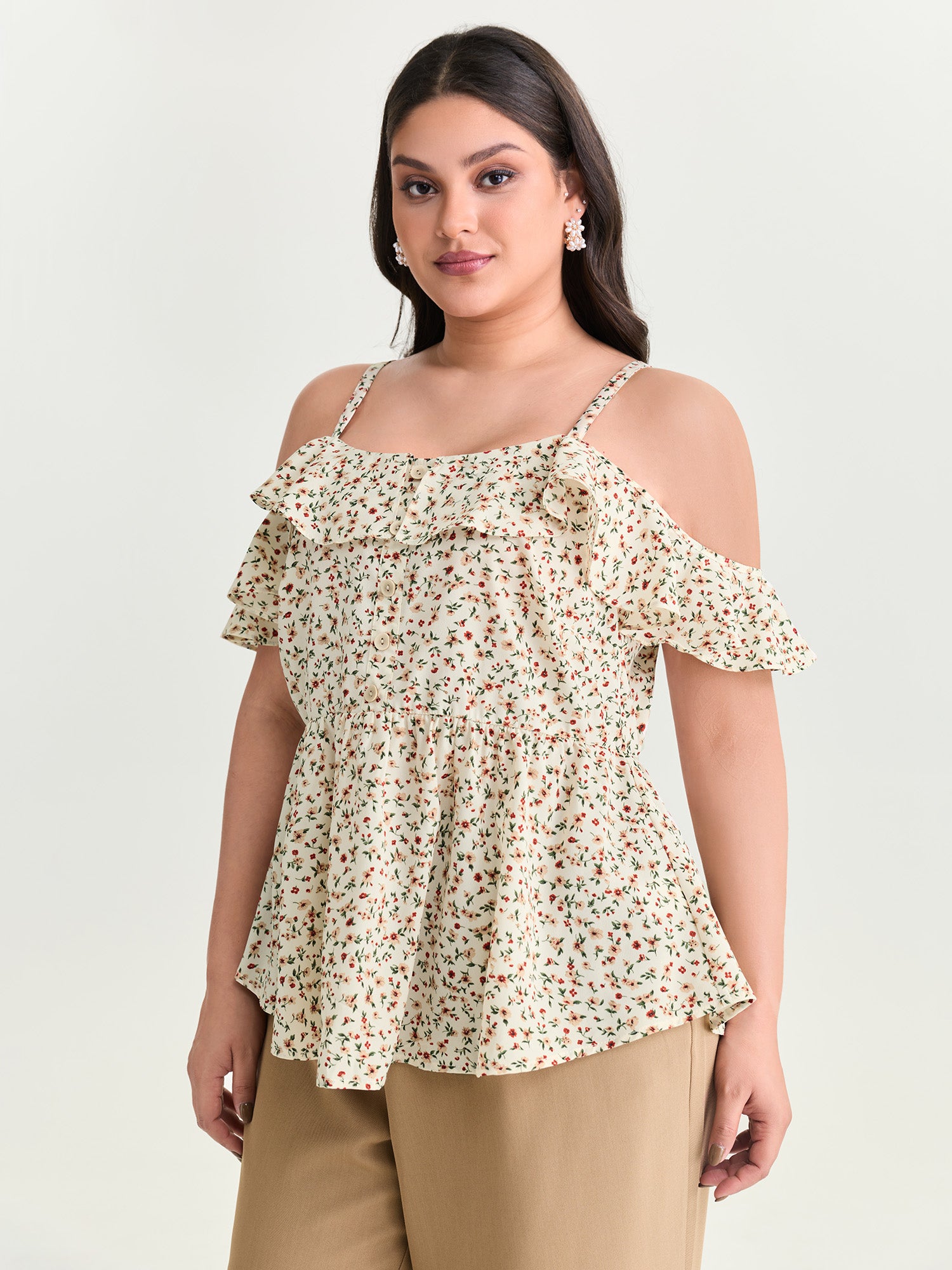 Floral Print Ruffled Cold Shoulder Blouse