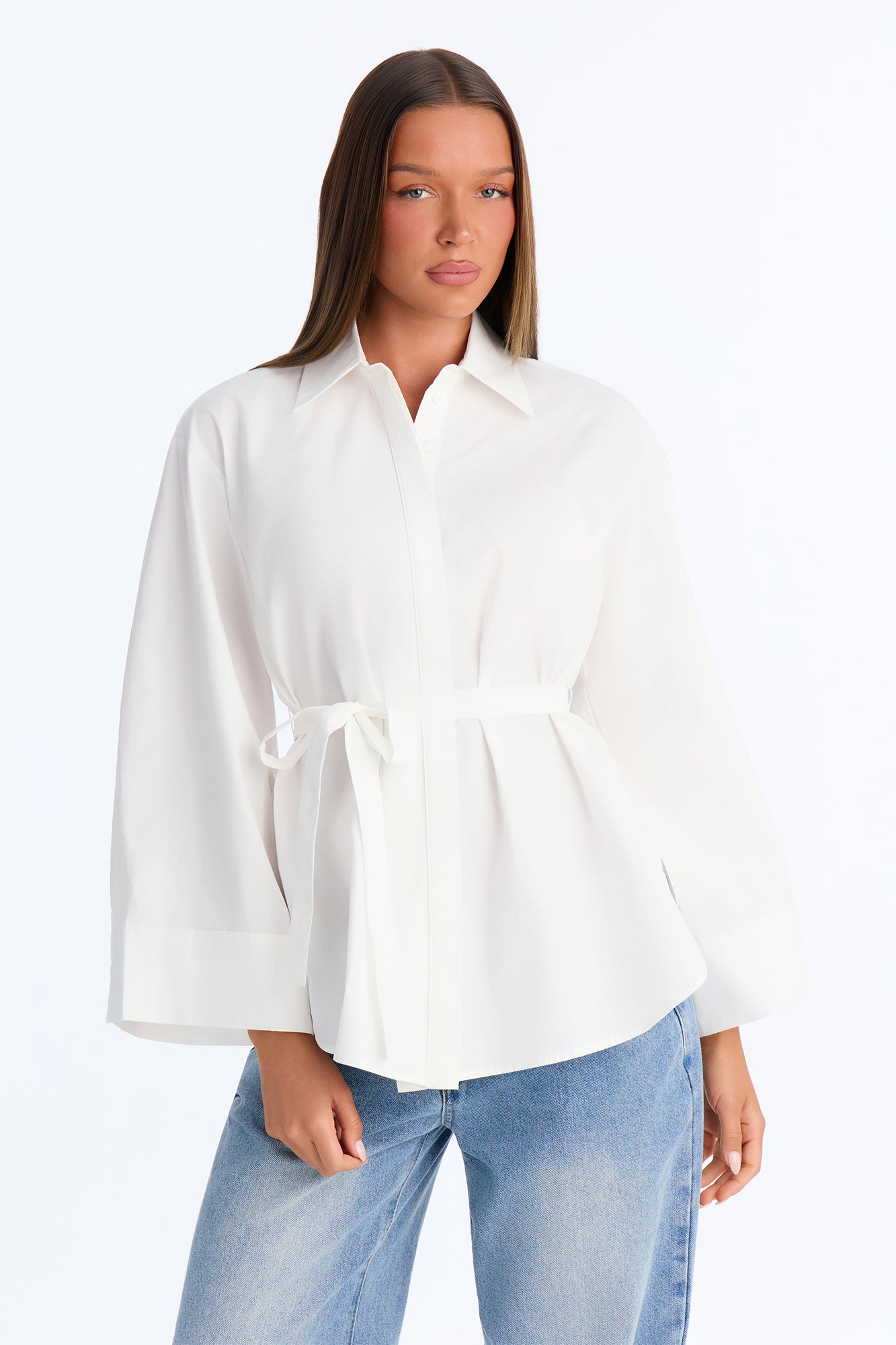 Jayna Tie Waist Button Up Tunic Shirt - White