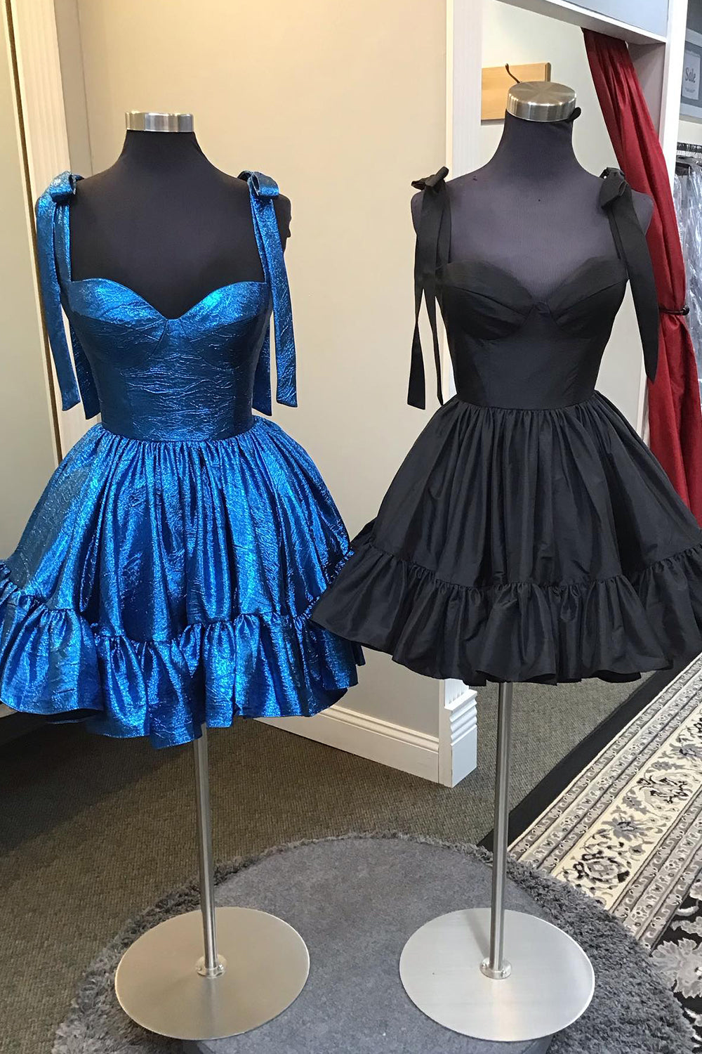 Blue Metallic Spaghetti Straps A Line Tiered Short Homecoming Dress/Mini Dress