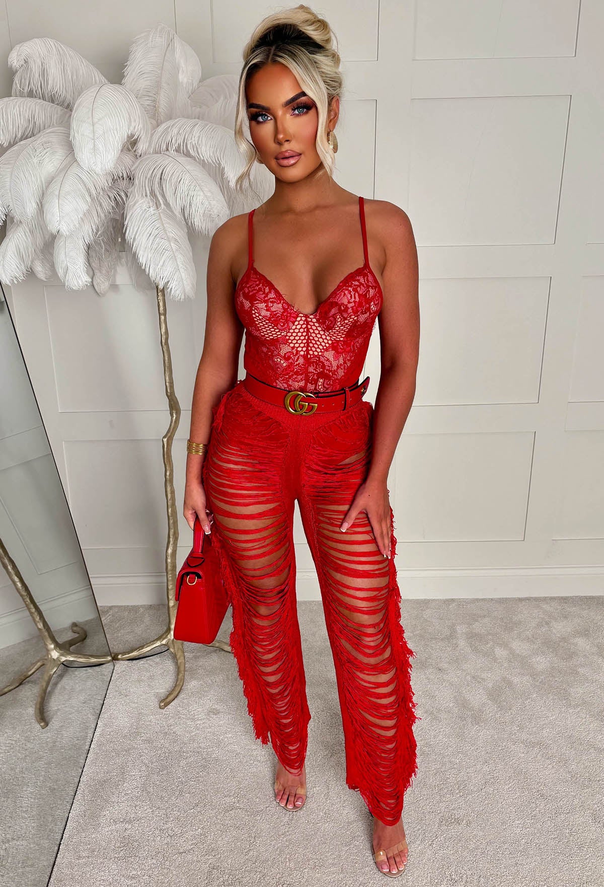 Stairway To Paradise Red Ladder Effect Trousers