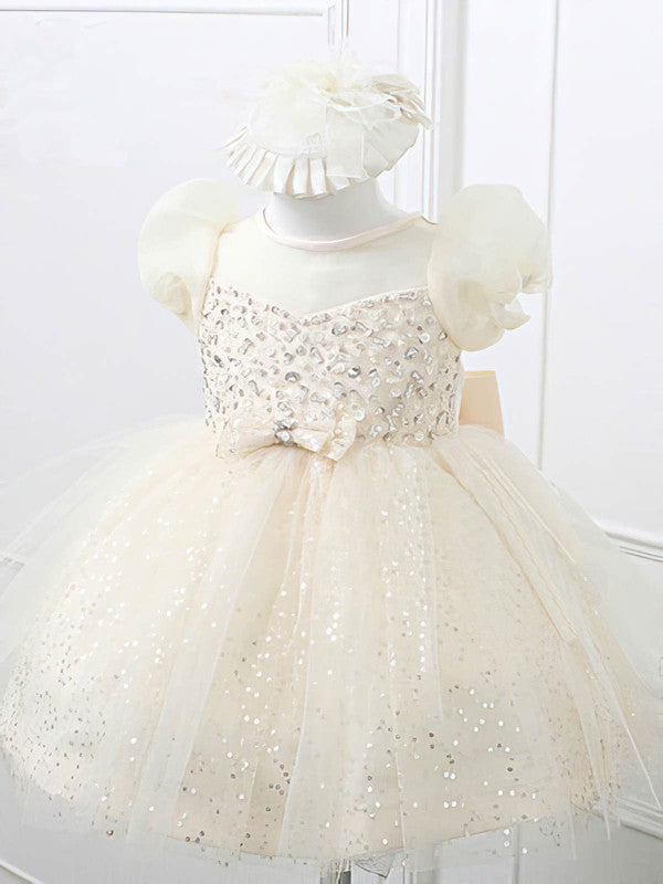 Beautiful Jewel Short Sleeves Tulle Ball Gown Sequined Flower Girl Dresses with Bow