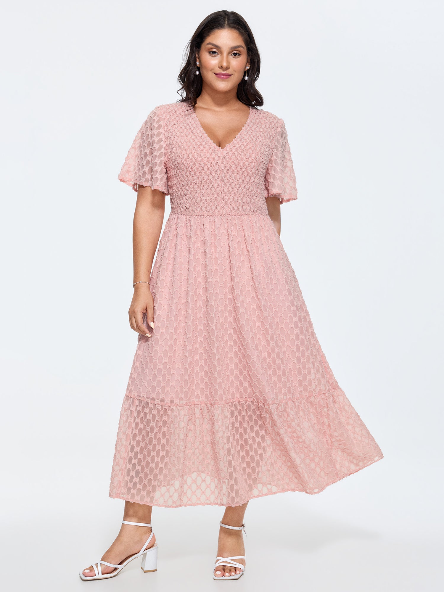 Dot Textured Ruffled Hem Lined Midi Dress