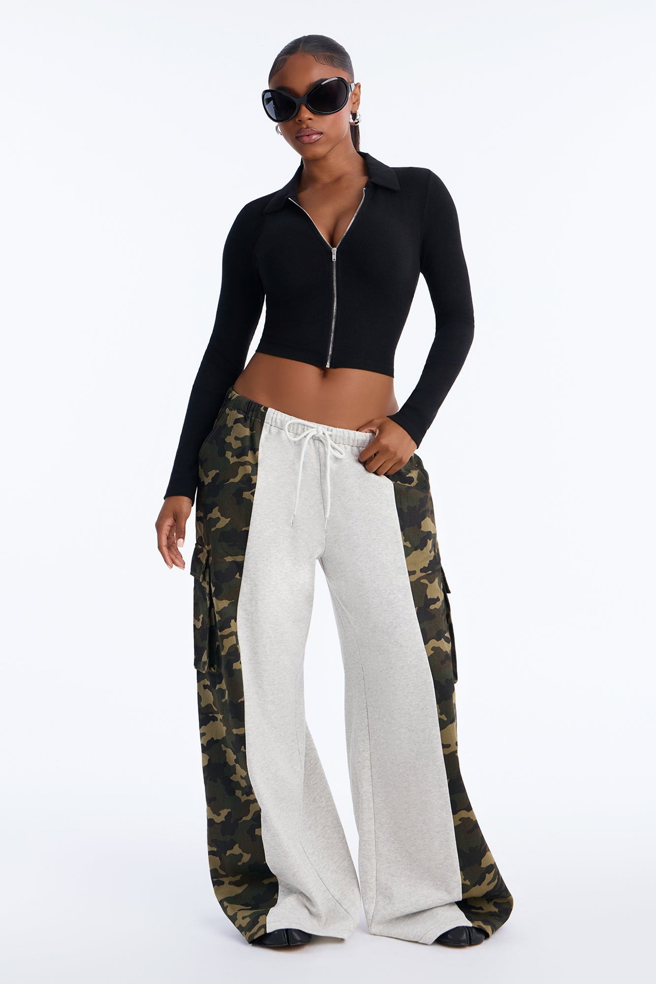 Tara Mixed Fabric Drawstring Camo Pant - Olive/combo