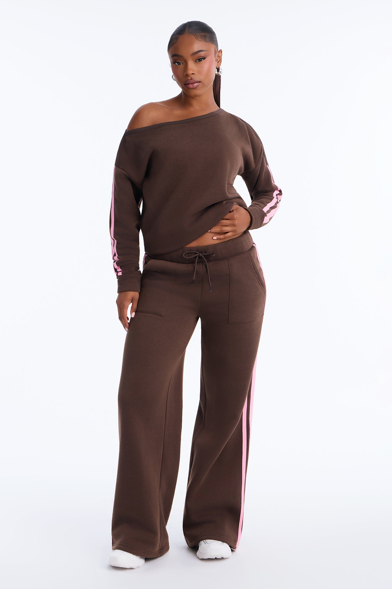 Sweet Thing Off Shoulder Fleece Pant Set - Chocolate/Combo