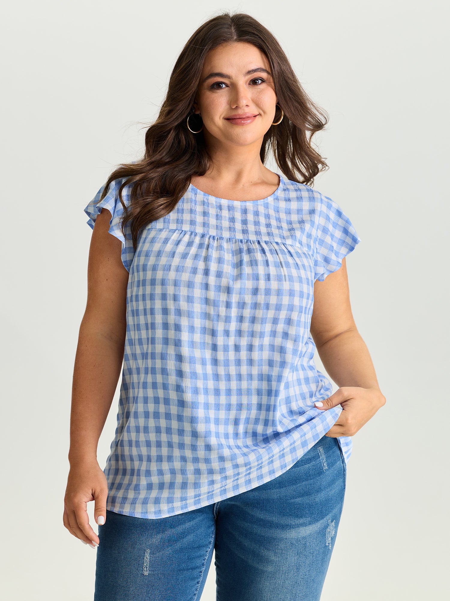 Gingham Print Ruffled Sleeve Pleated Blouse