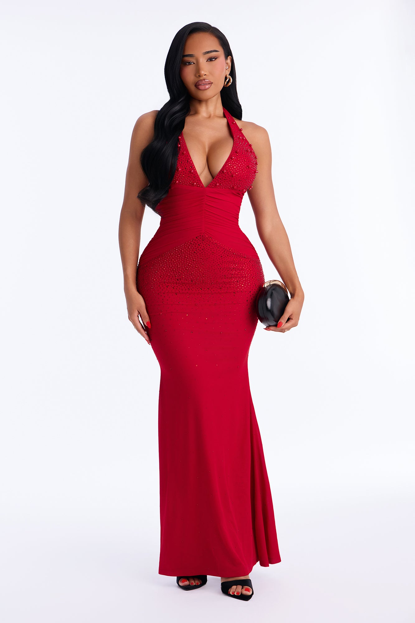 Leia Embellished VDeep Neckline Gown - Red