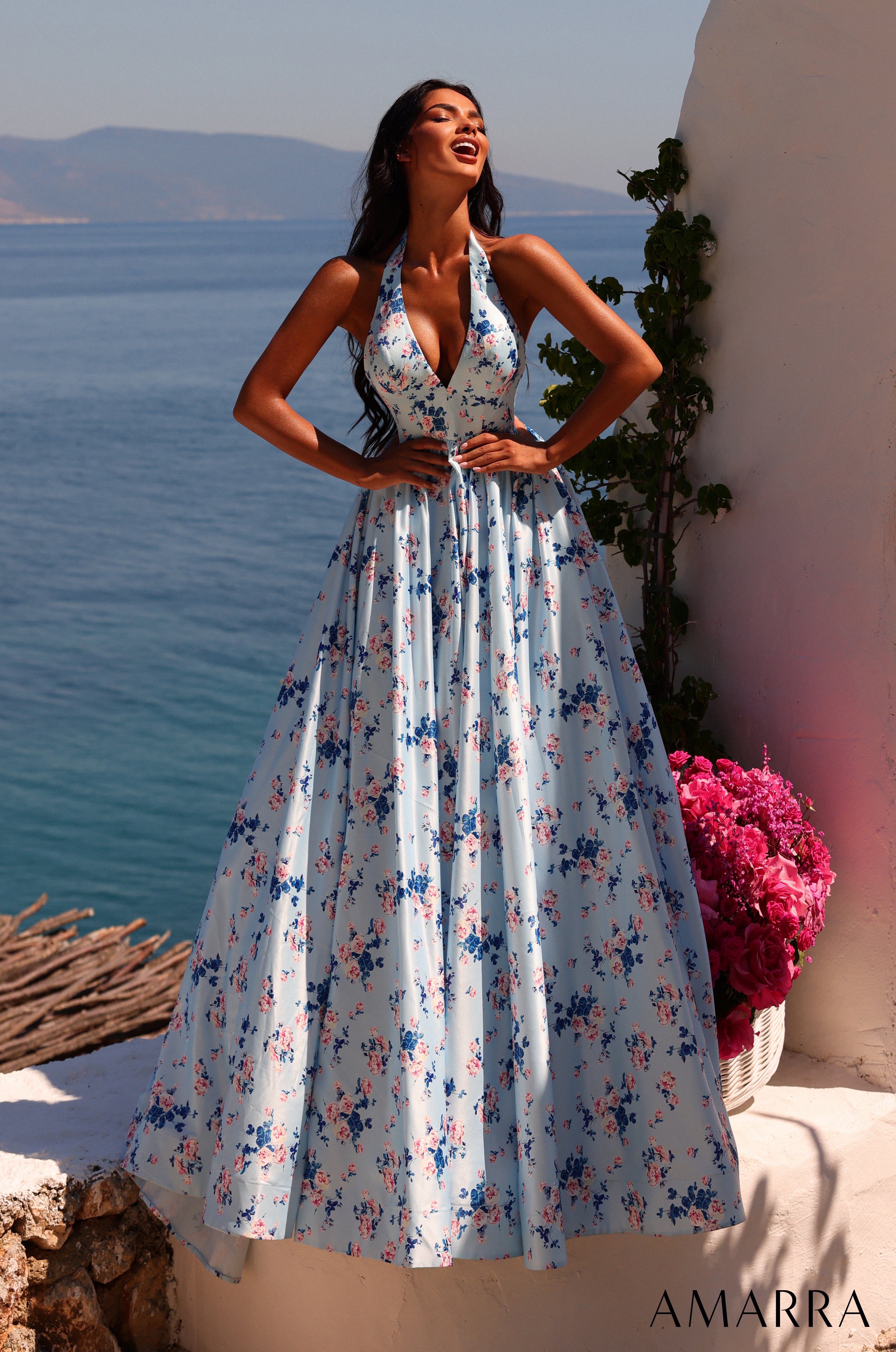 Amarra 89616 Floral Print Backless Prom Gown