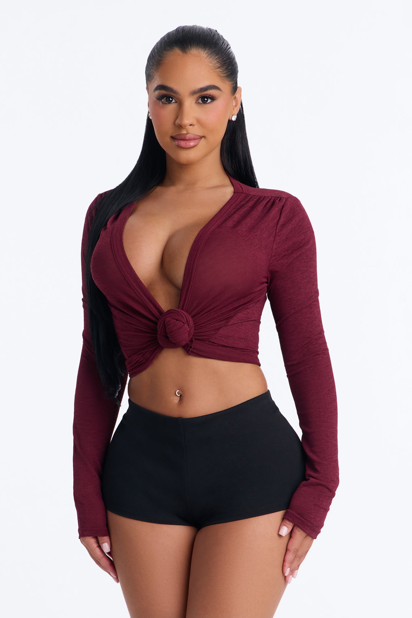 Selena Textured Knot Long Sleeve Top - Burgundy