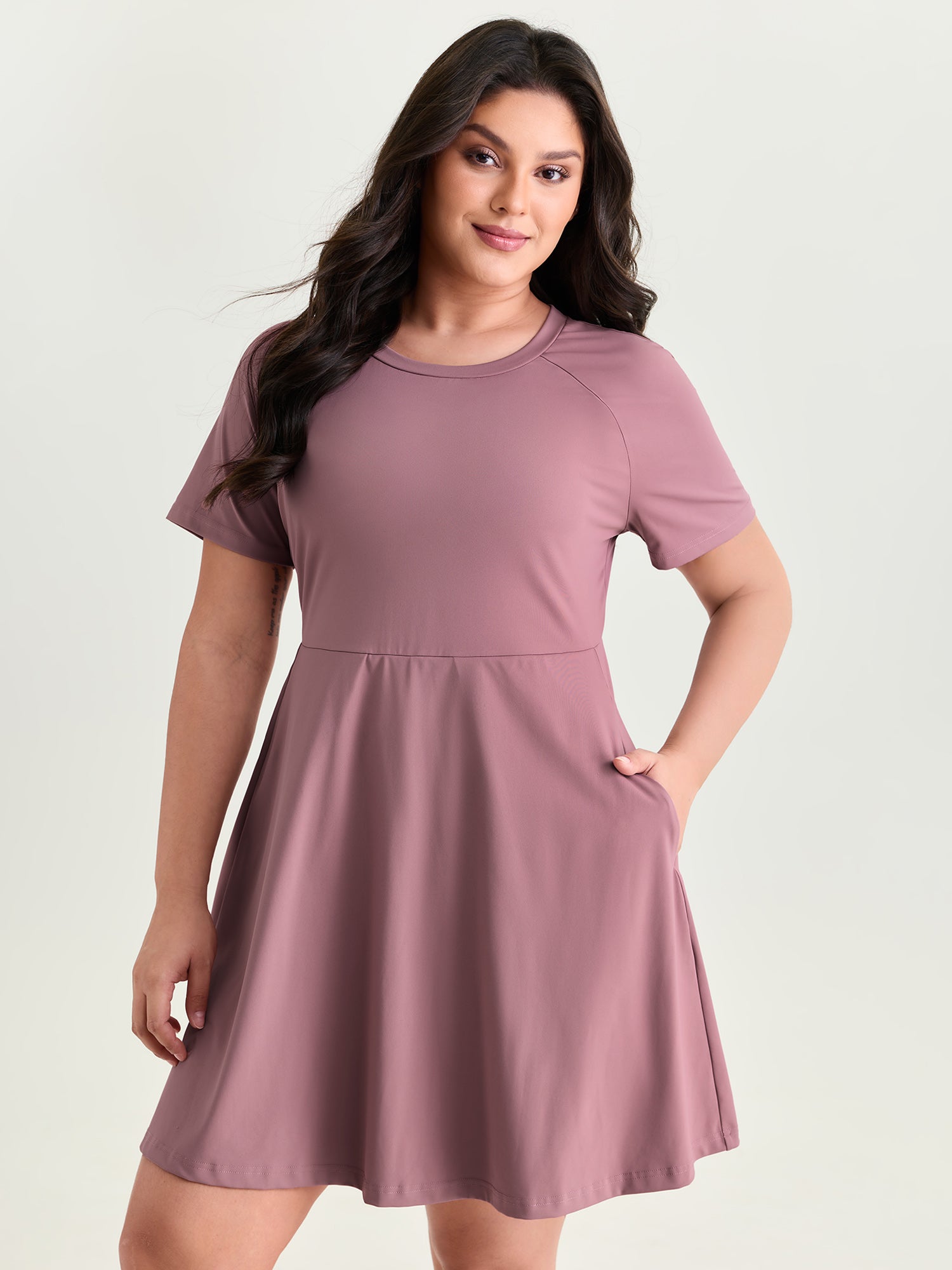 Raglan Sleeve Plain Round Neck Mini Dress