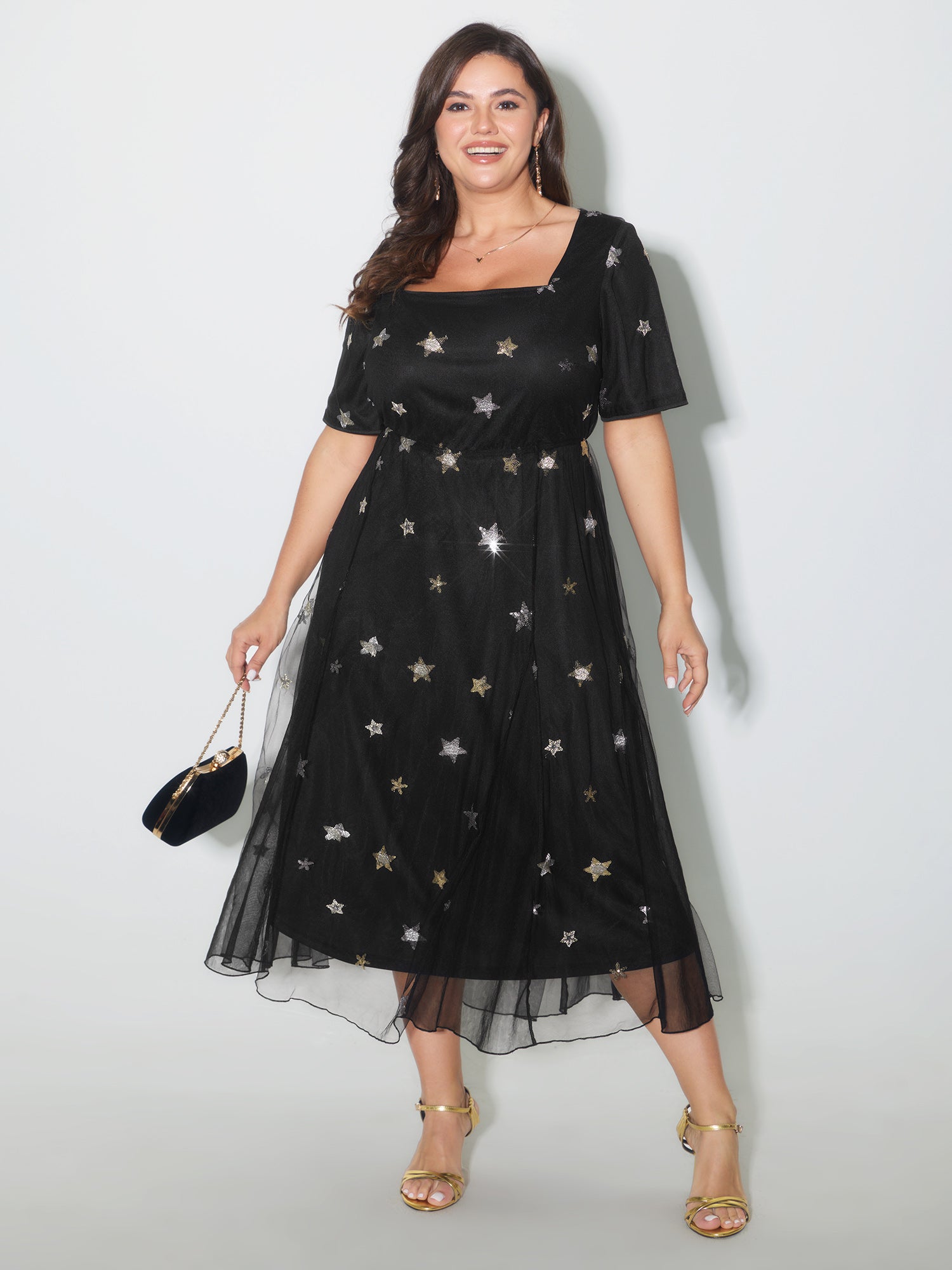 Starry Print Square Neckline Midi Dress