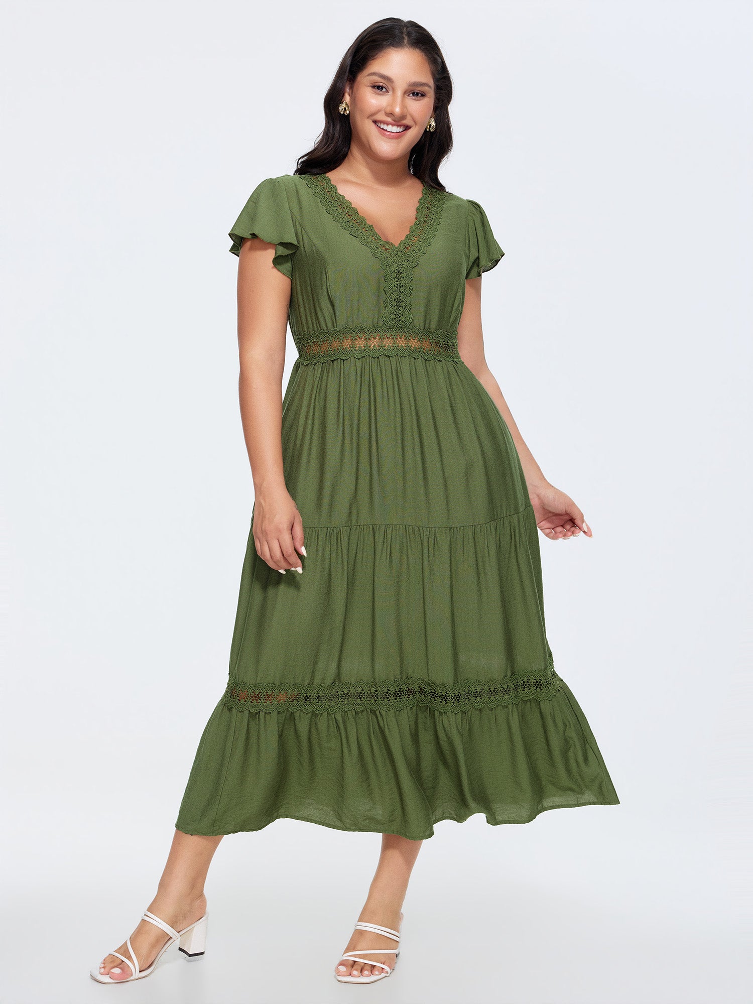 Ruffled Sleeve Lace V-Neckline Tiered Maxi Dress