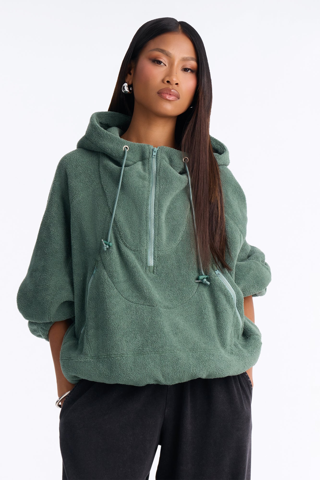 Stay Warm Polar Fleece Half Zip Hooded Jacket - Green