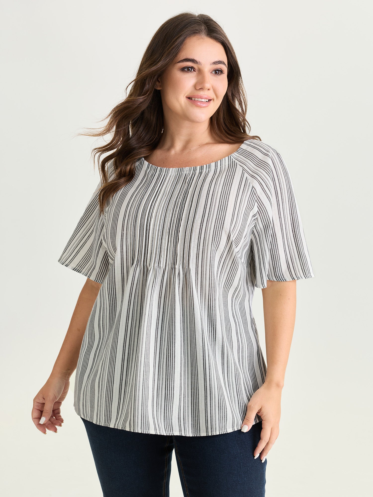 Cotton Striped Print Textured Flared Sleeve Blouse