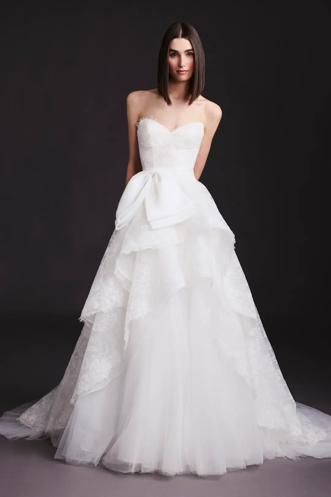 Tiered Lace Ball Gown with Bow
