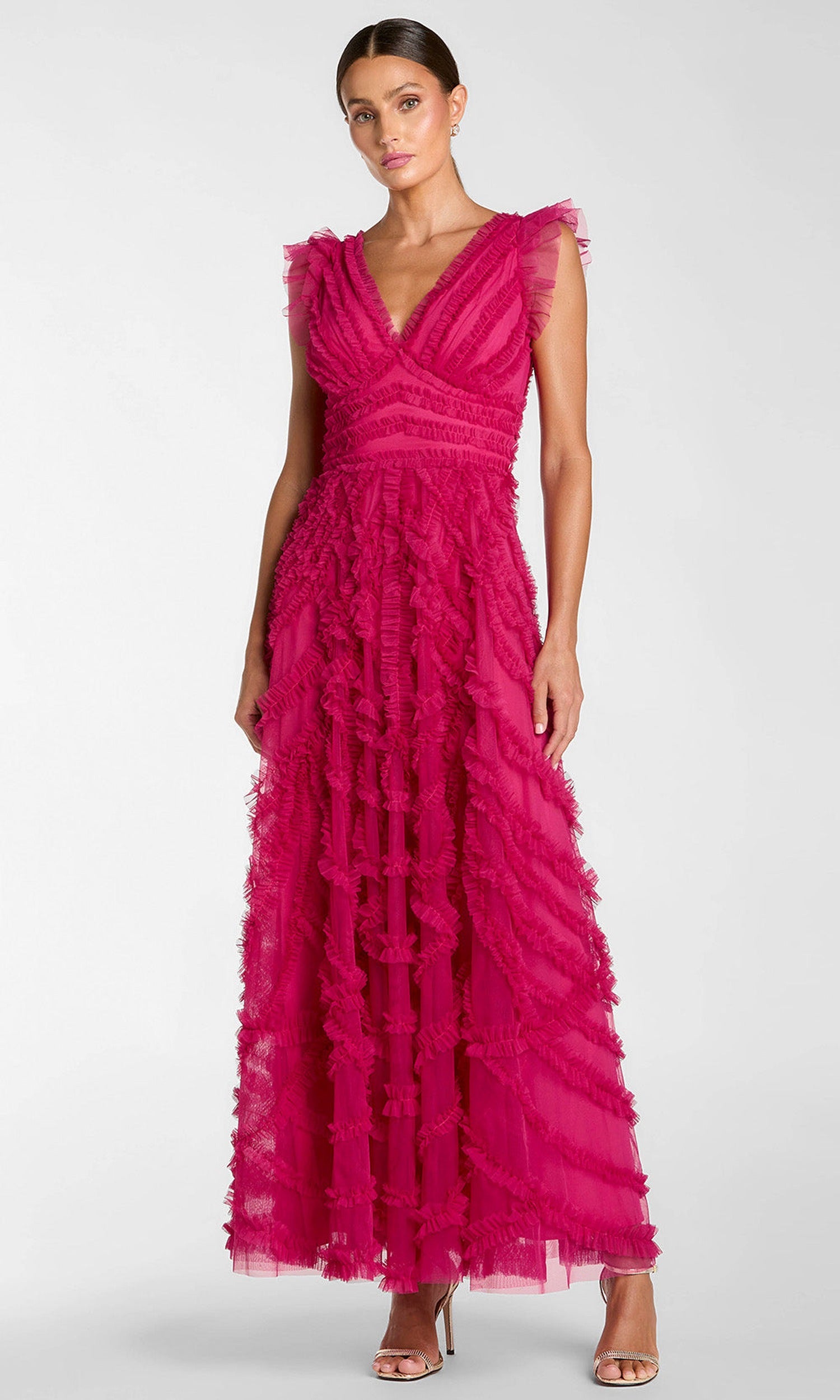 Mac Duggal 8498 - V-Neckline Micro Ruffle Long Gown