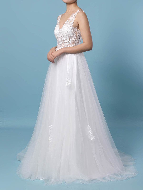 Luxurious V-Neck Sleeveless Tulle Sweep Train Wedding Dresses with Appliques