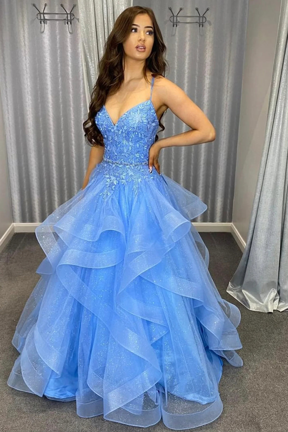 Long Blue Prom Dress with Spaghetti Straps and Appliques in A-Line Style
