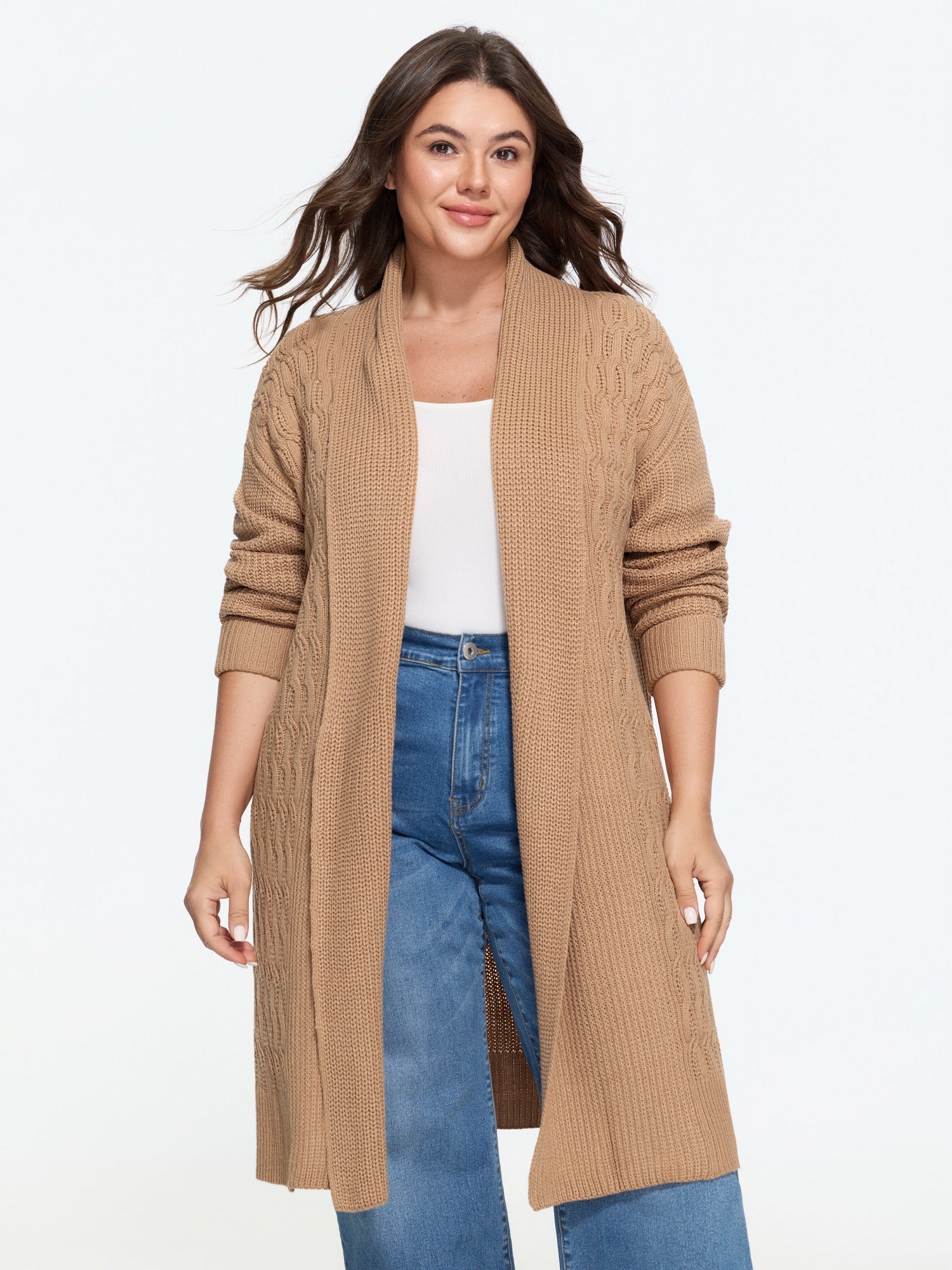 Cable Knit Open Front Long Cardigan