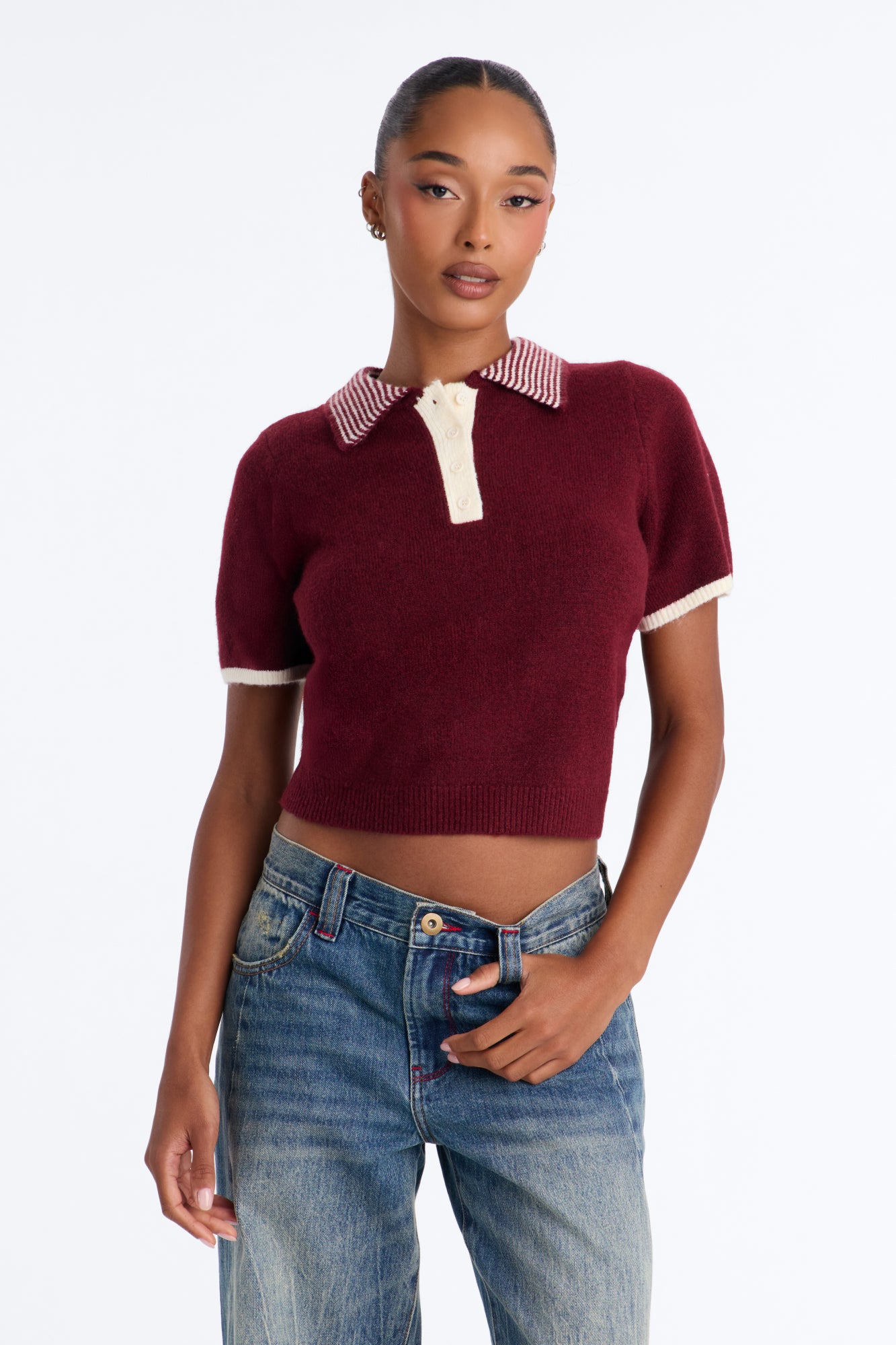 Classic Girl Short Sleeve Polo Top - Burgundy