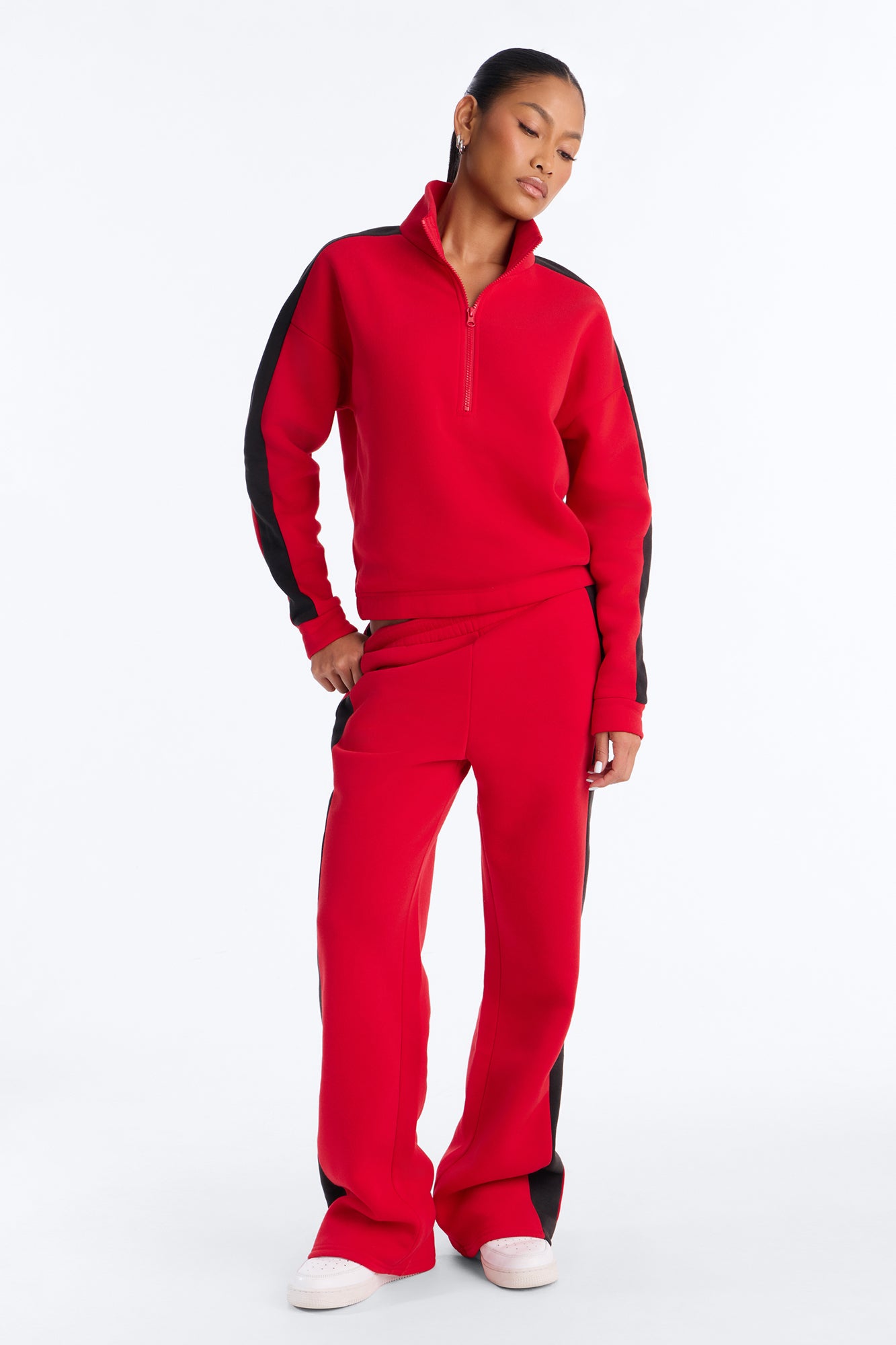 Jacqueline Quarter Zip Fleece Pant Set - Red/combo
