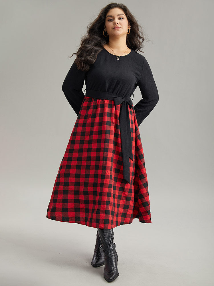 Plaid Patchwork Contrast Round Neck Belted Dress