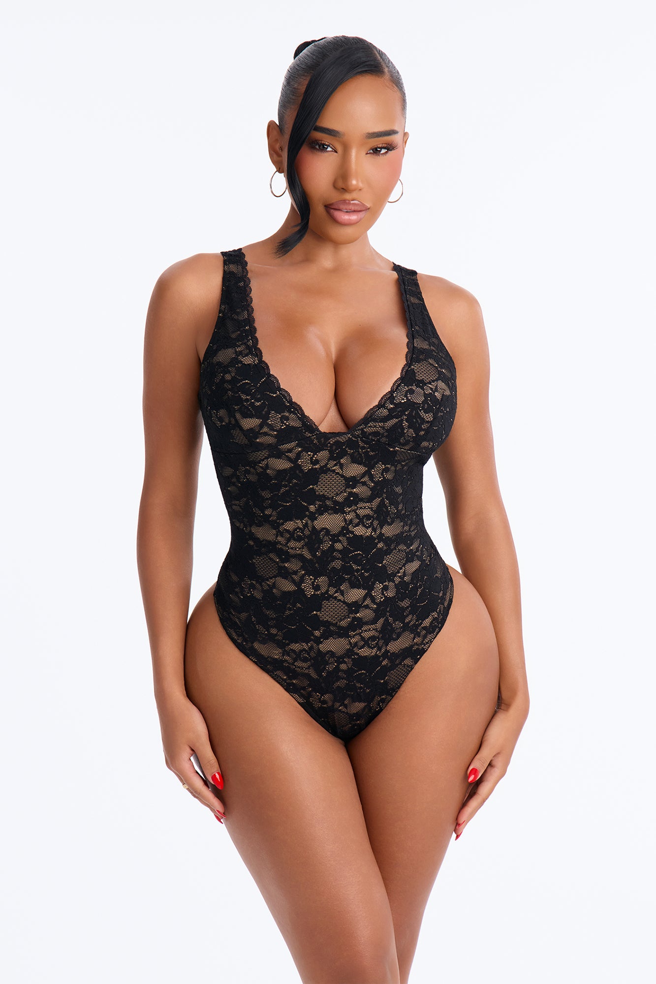 Kendall Lace V-Neck Sleeveless Bodysuit - Black