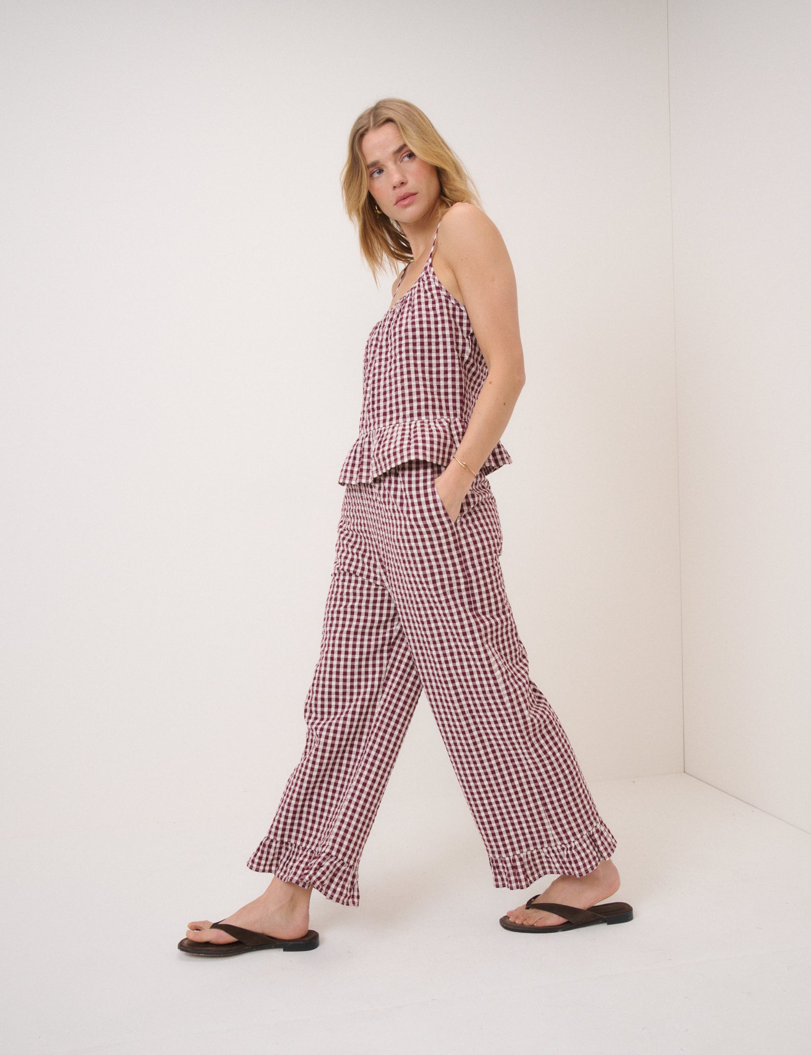 Burgundy Gingham Top & Trousers Set