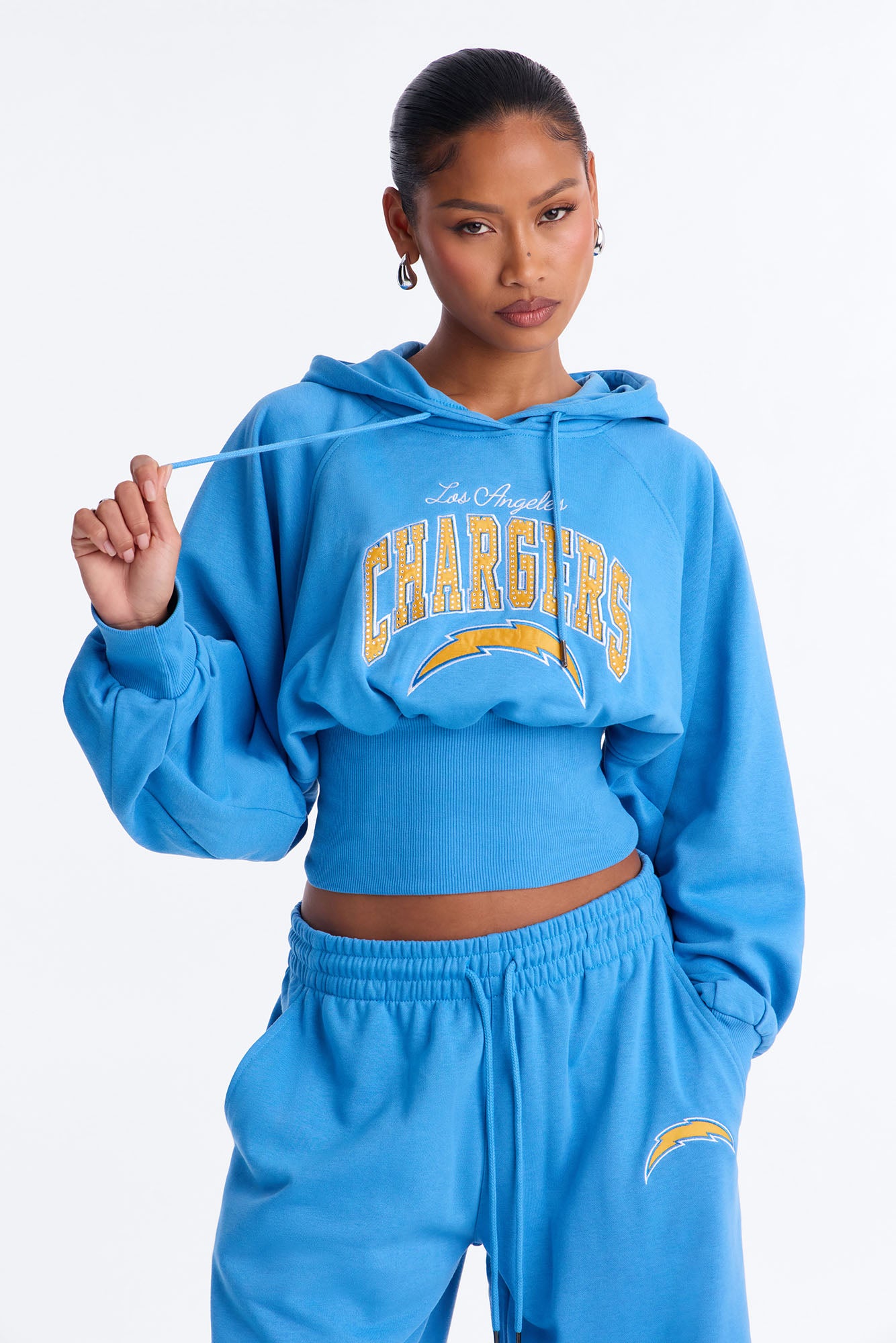 NFL Chargers Cinched Rhinestone Hoodie Sweatshirt - Blue