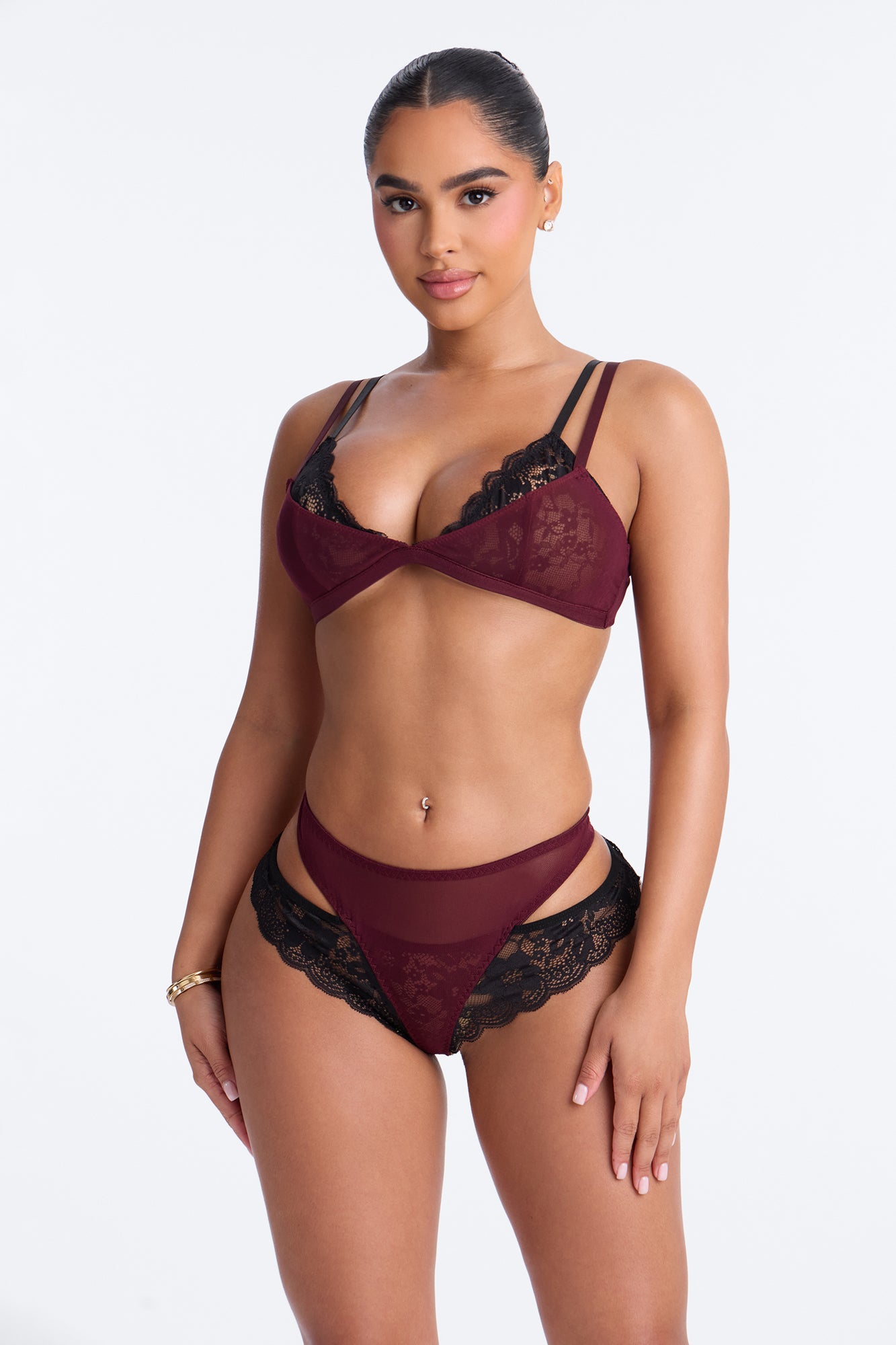 Double Trouble Mesh Lace 2 Piece Bralette & Panty Set - Burgundy/combo