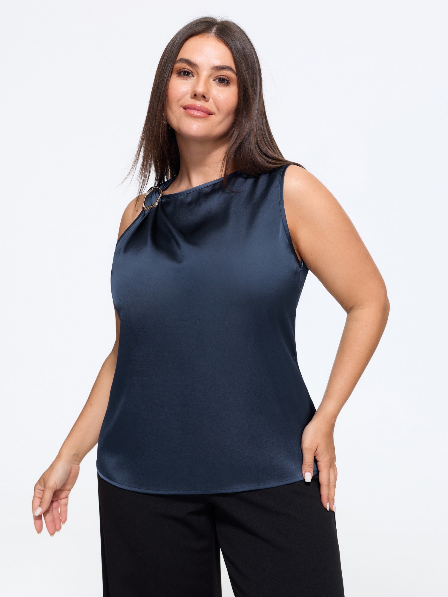 Satin Draped Neck Metal Ring Decor Tank Top
