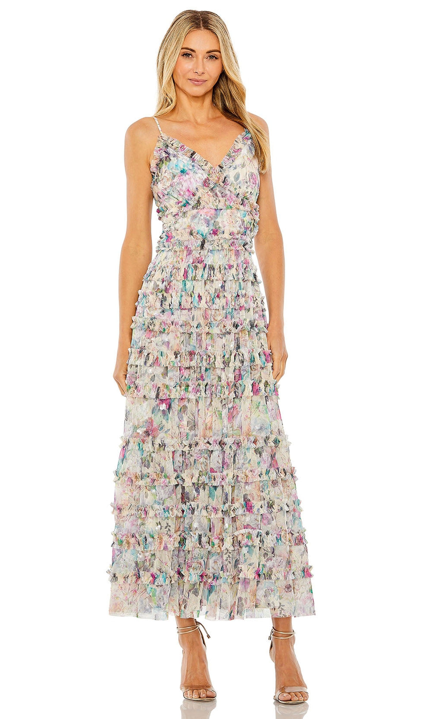 Mac Duggal 8095 - V-Neckline Ruffle Tier Midi Dress