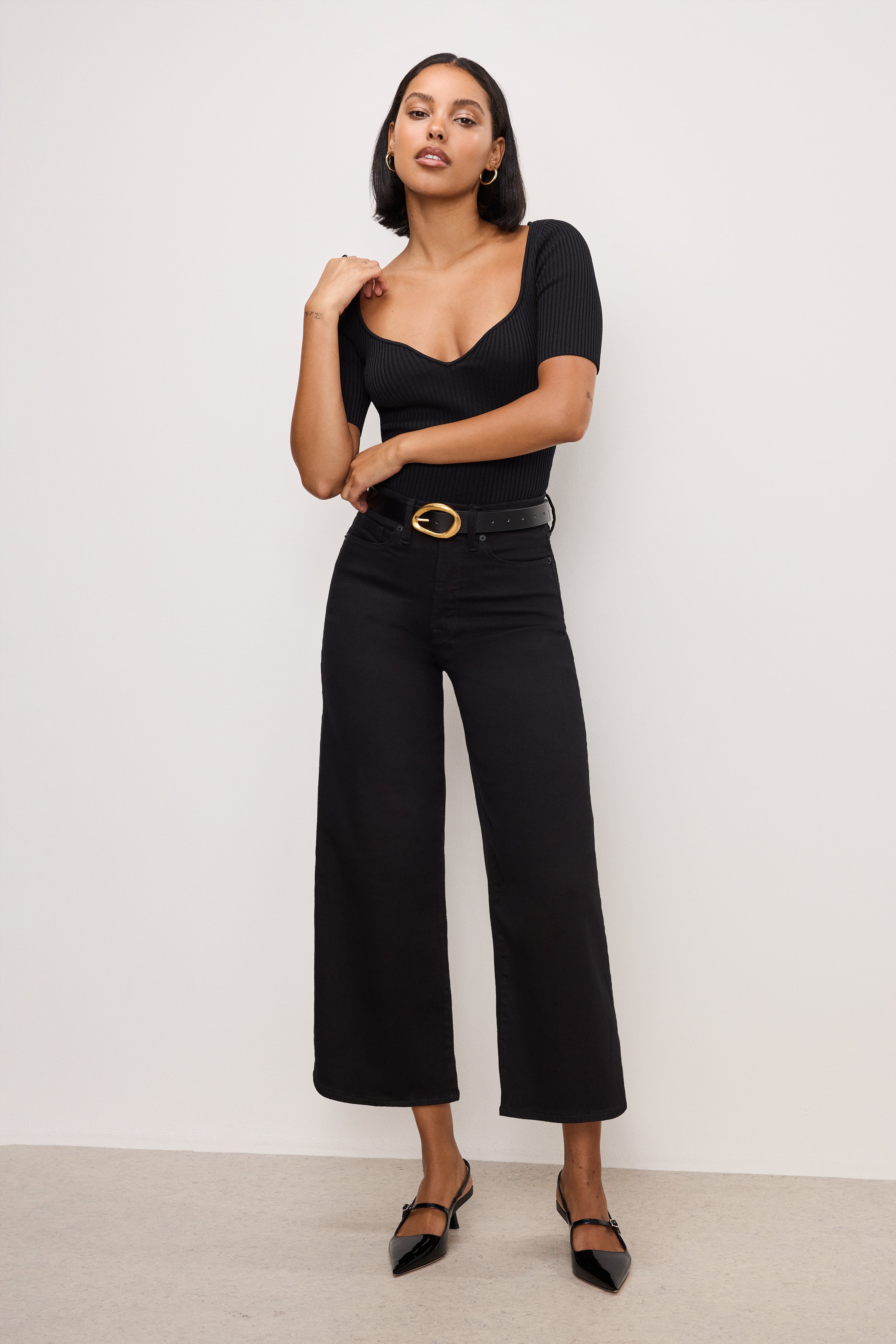NEVER FADE GOOD WAIST CROPPED PALAZZO JEANS | BLACK001