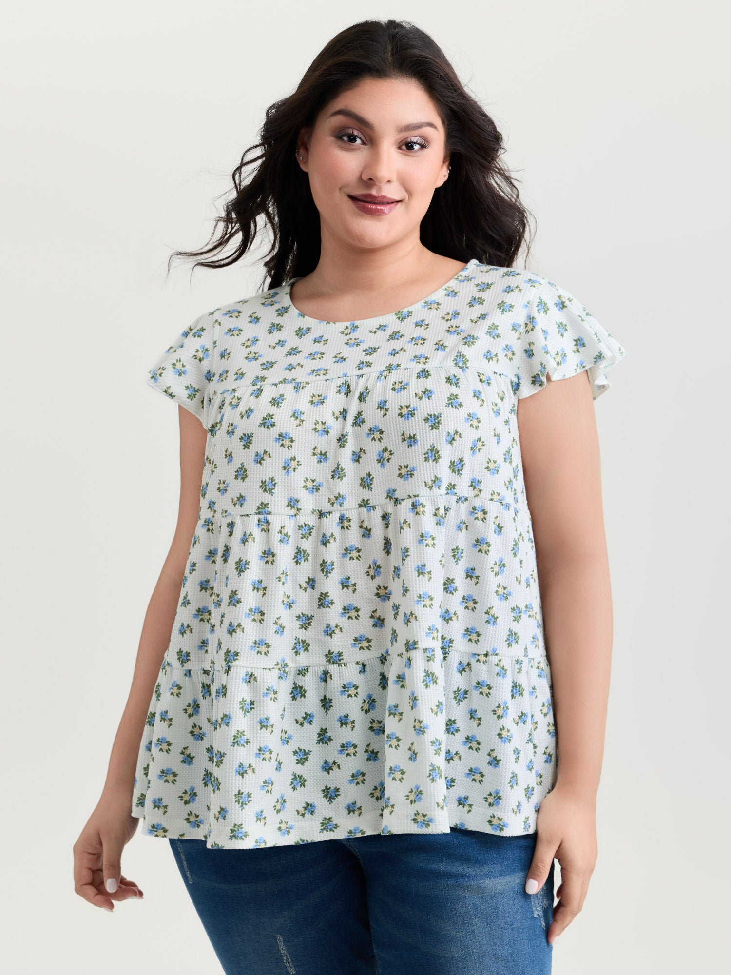 Floral Print Ruffled Sleeve Tiered Knit Top