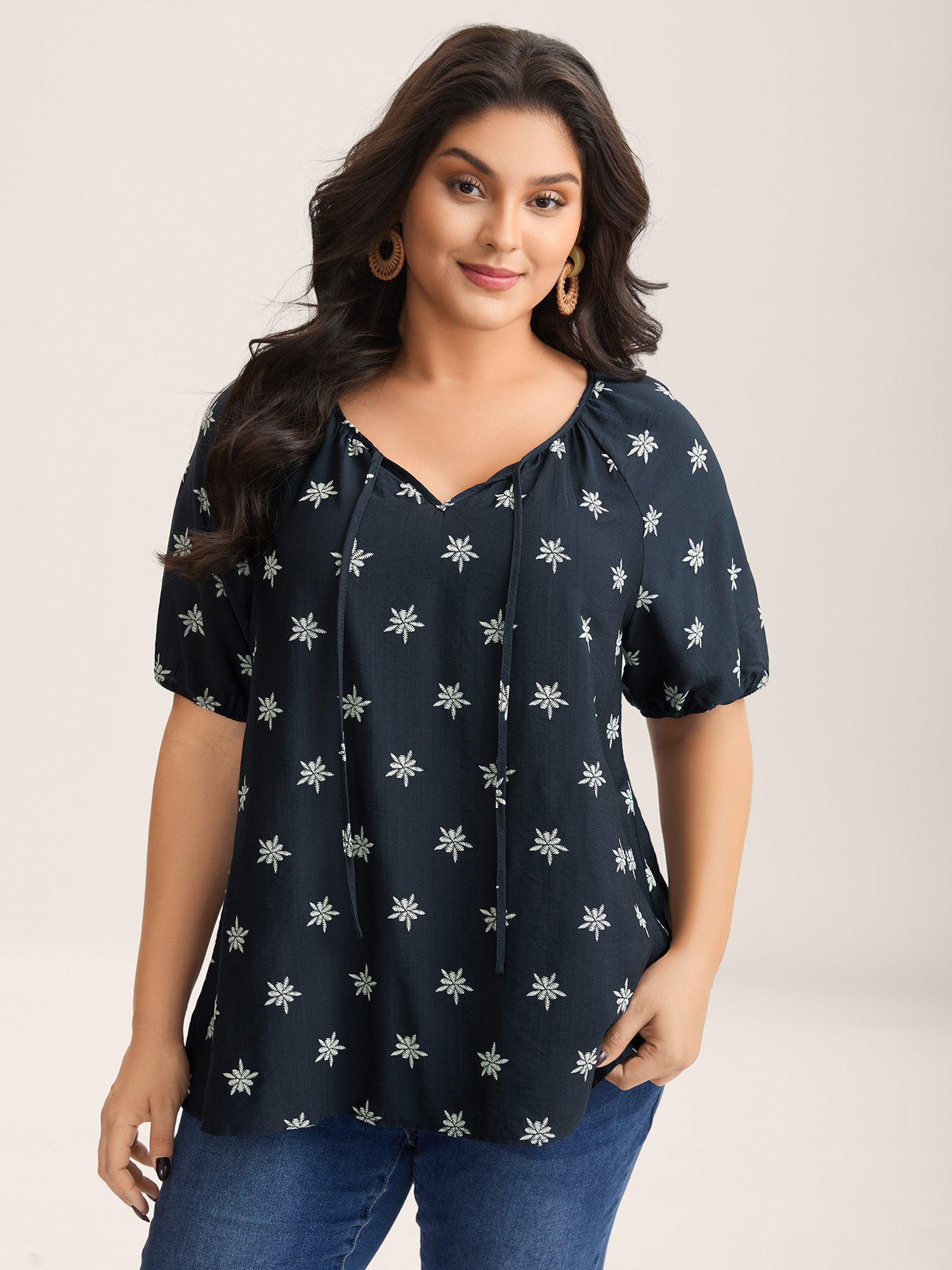 Boho Print Keyhole Pleated Blouse