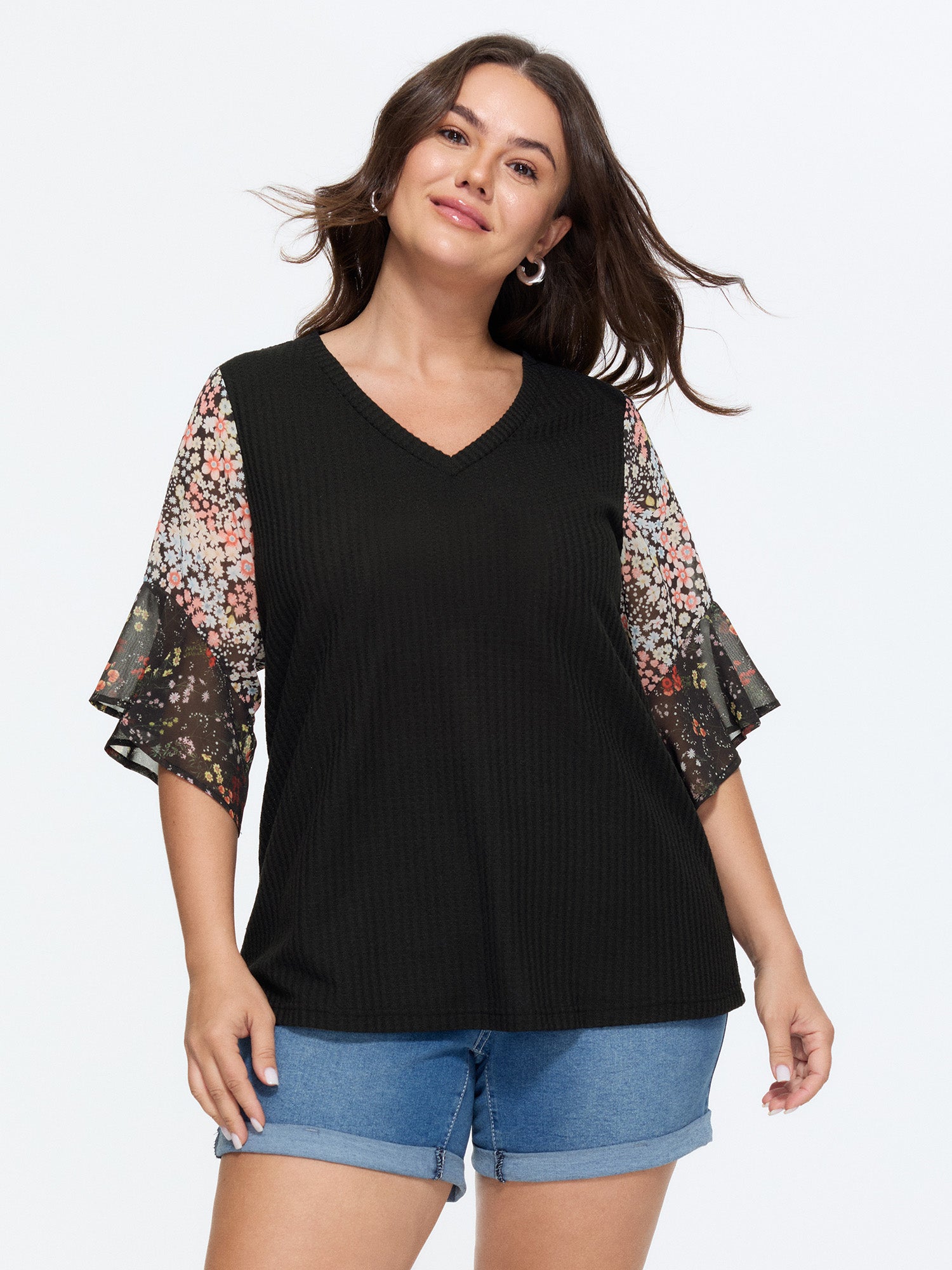 Stretchy Floral Print Ruffled Knit Top