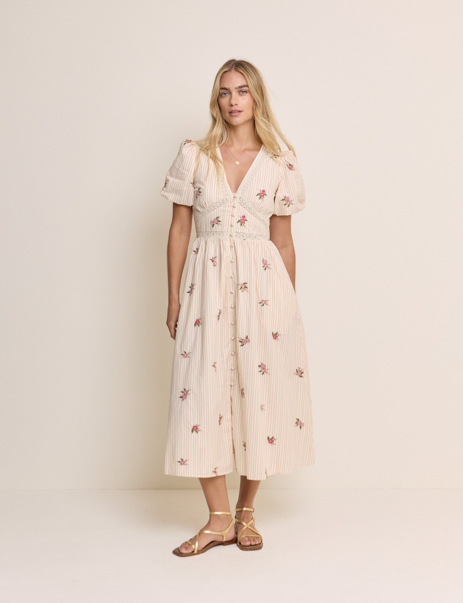 Light Pink Striped Puff Sleeve Yardley Midi Dress