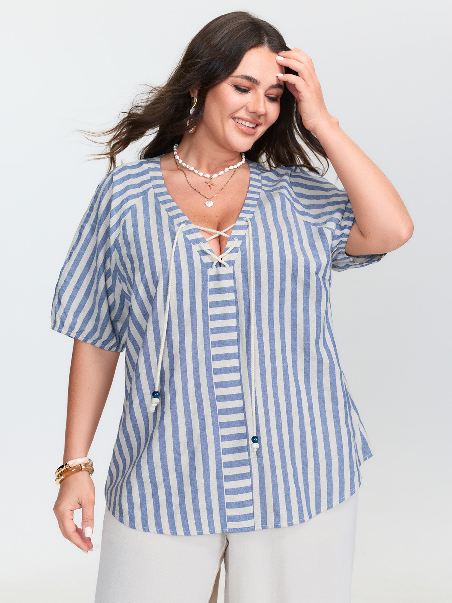 Sun-Washed Cotton Striped Print Neck Tie Blouse